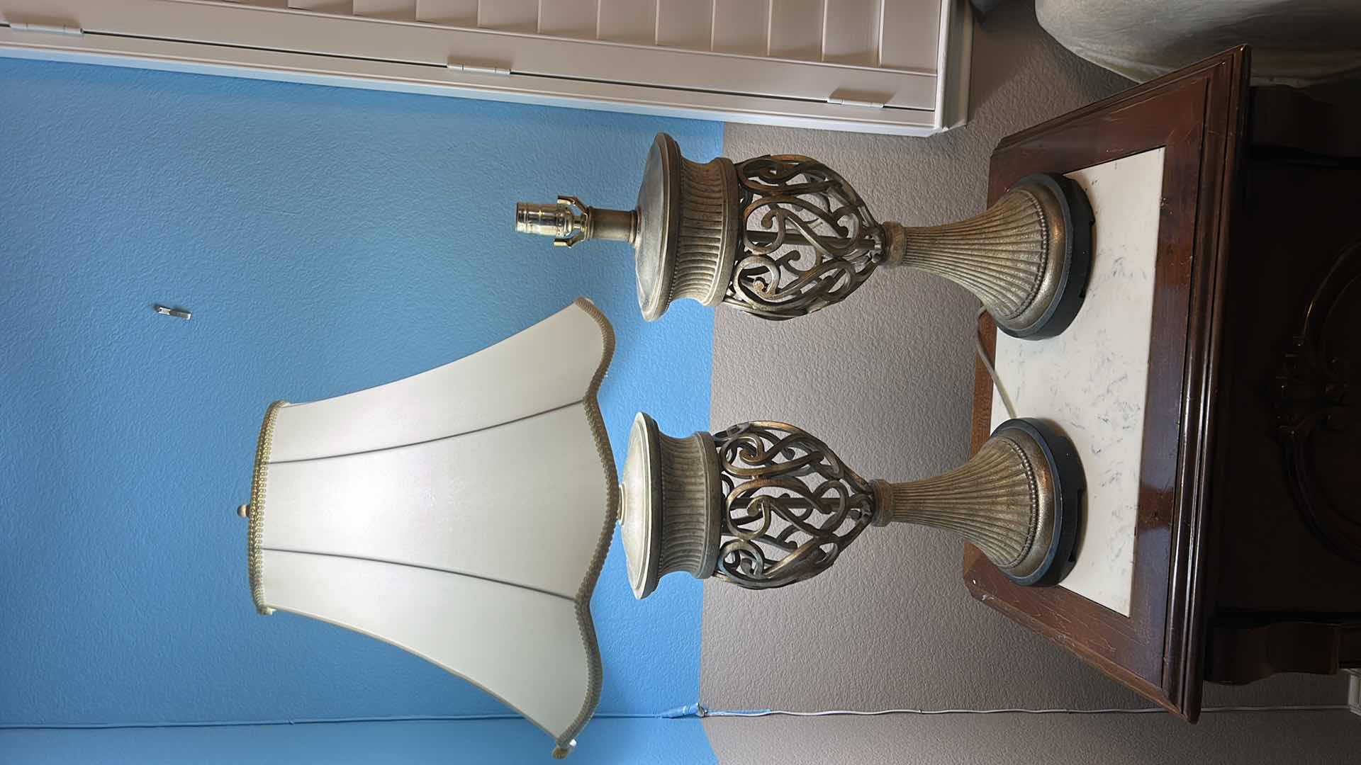 Photo 5 of TWO HEAVY AGED METAL TABLE LAMPS -  WITH SHADE H35” (