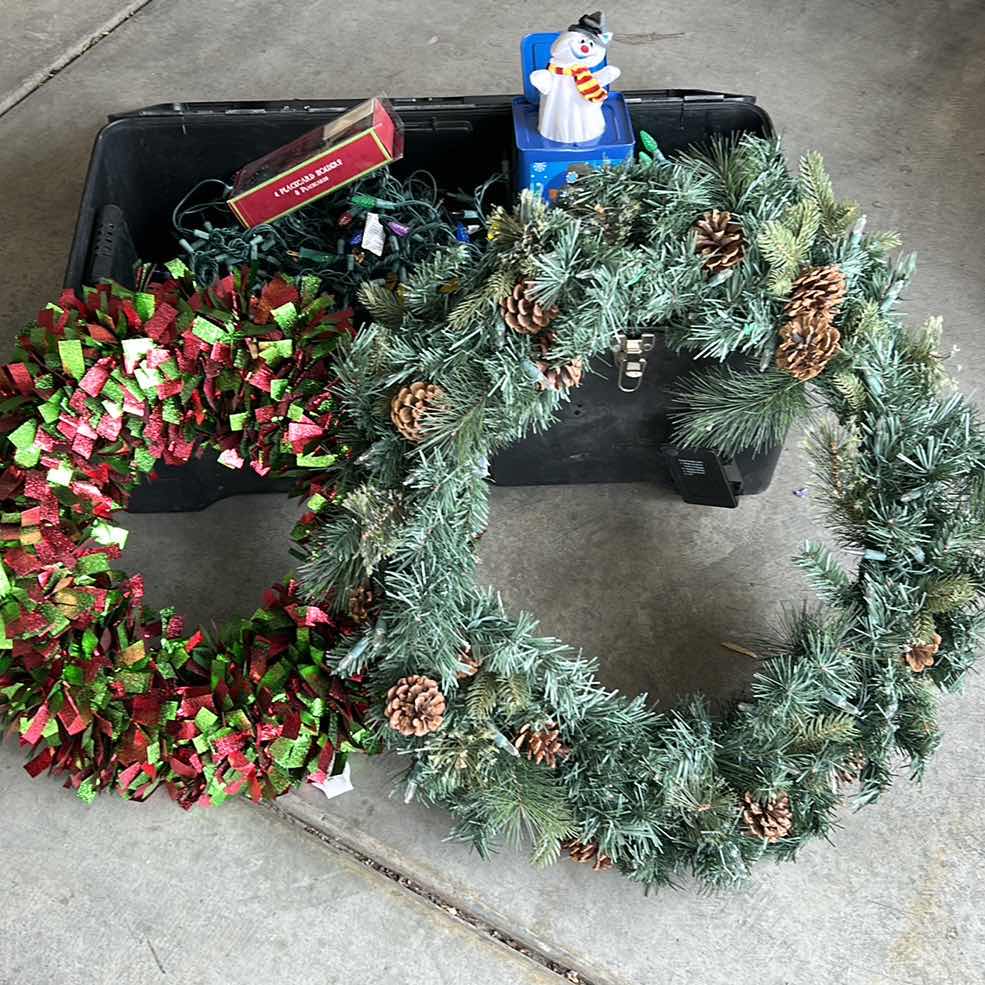 Photo 1 of TOTE FULL OF CHRISTMAS LIGHTS, AND TWO WREATHS