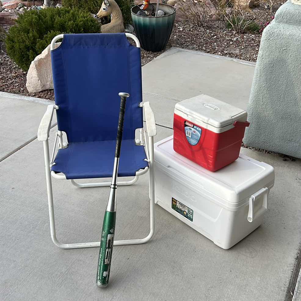Photo 1 of FOLDING CHAIR, TWO ICE CHESTS AND BASEBALL BAT