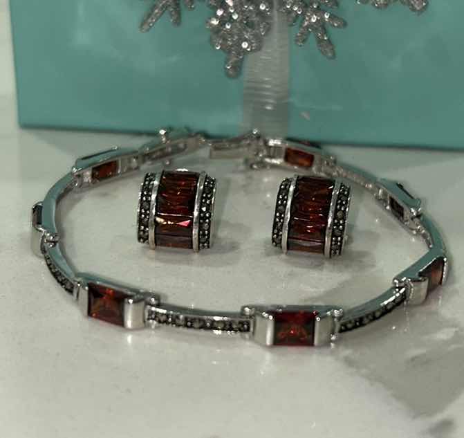 Photo 3 of FINE JEWELRY- .925 STERLING SILVER MARCASITE AND GARNET BRACELET AND EARRINGS