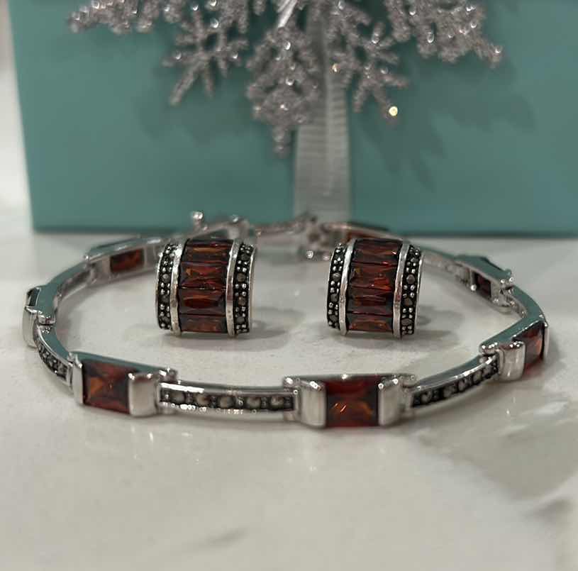 Photo 8 of FINE JEWELRY- .925 STERLING SILVER MARCASITE AND GARNET BRACELET AND EARRINGS
