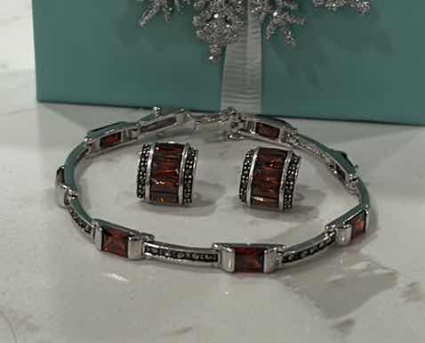 Photo 2 of FINE JEWELRY- .925 STERLING SILVER MARCASITE AND GARNET BRACELET AND EARRINGS