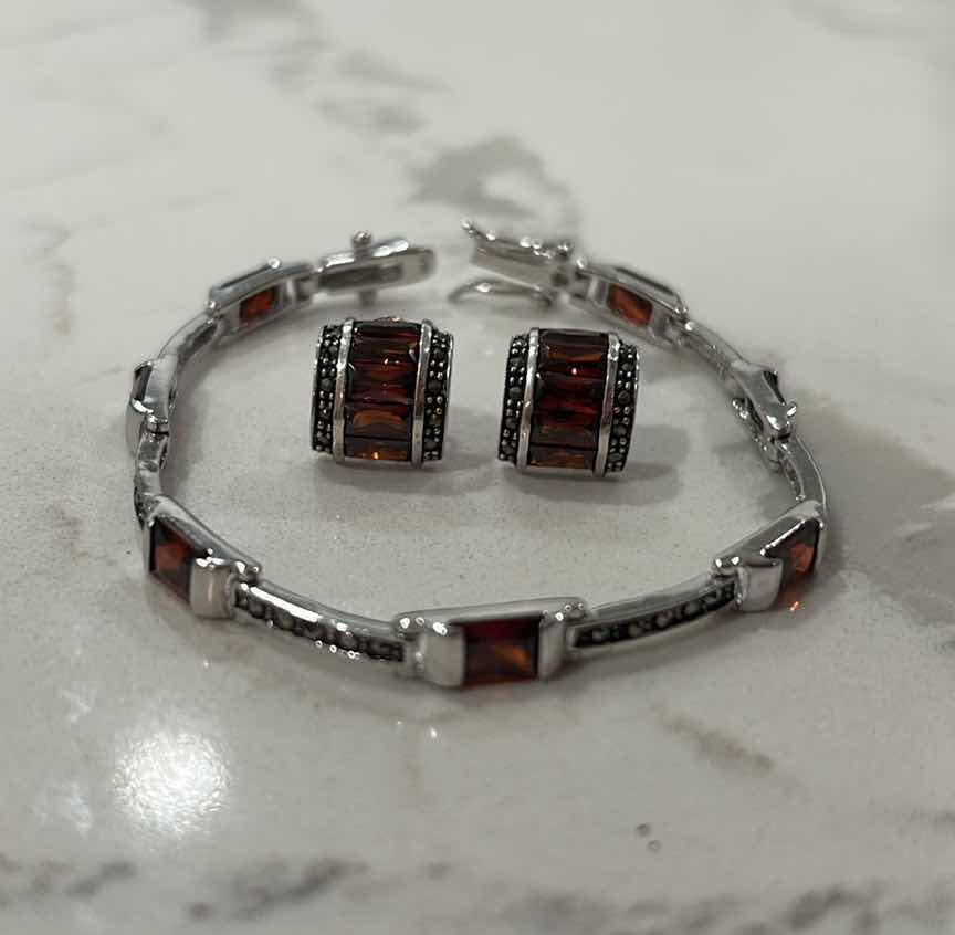 Photo 7 of FINE JEWELRY- .925 STERLING SILVER MARCASITE AND GARNET BRACELET AND EARRINGS