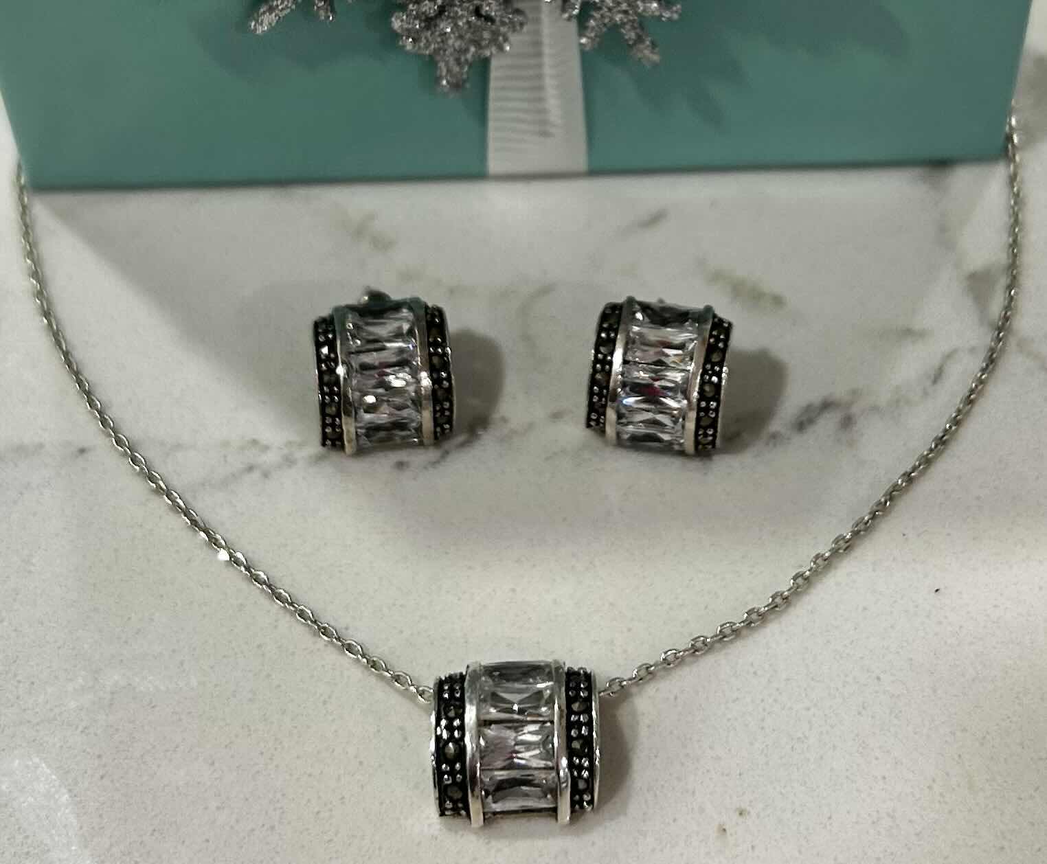Photo 6 of FINE JEWELRY-.925 STERLING SILVER NECKLACE WITH ROLLER PENDANT MARCASITE AND CRYSTAL AND EARRINGS