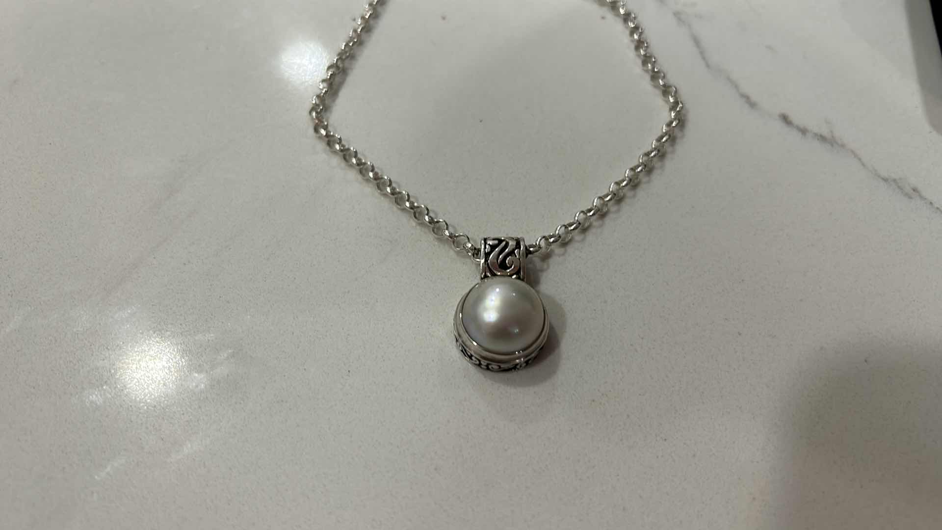 Photo 3 of FINE JEWELRY- .925 NECKLACE WITH PEARL PENDANT (PEARL IS 1/2 INCH)