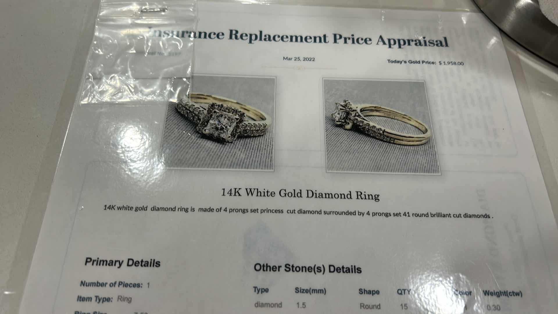 Photo 7 of FINE JEWELRY- 14K WHITE GOLD RING- 4 PRONGS SET PRINCESS CUT DIAMOND SURROUNDED BY 4 PRONGS SET 41 ROUND BRILLIANT CUT DIAMONDS SIZE 7.5