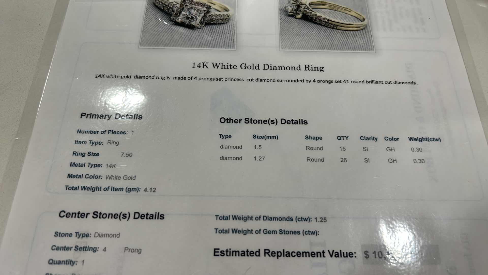 Photo 6 of FINE JEWELRY- 14K WHITE GOLD RING- 4 PRONGS SET PRINCESS CUT DIAMOND SURROUNDED BY 4 PRONGS SET 41 ROUND BRILLIANT CUT DIAMONDS SIZE 7.5
