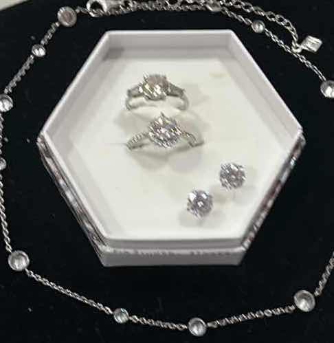 Photo 1 of FINE JEWELRY- . 925 STERLING SILVER JEWELRY ASSORTMENT- TWO RINGS, NECKLACE AND EARRINGS RINGS SIZE 7.5 & 8