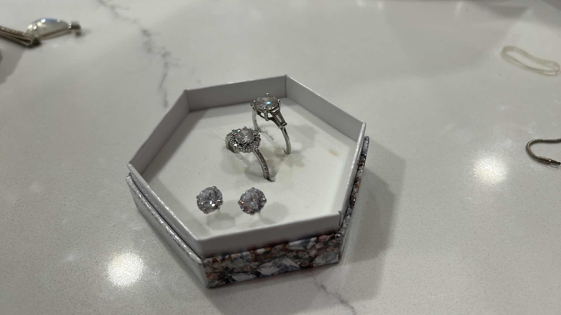 Photo 5 of FINE JEWELRY- . 925 STERLING SILVER JEWELRY ASSORTMENT- TWO RINGS, NECKLACE AND EARRINGS RINGS SIZE 7.5 & 8