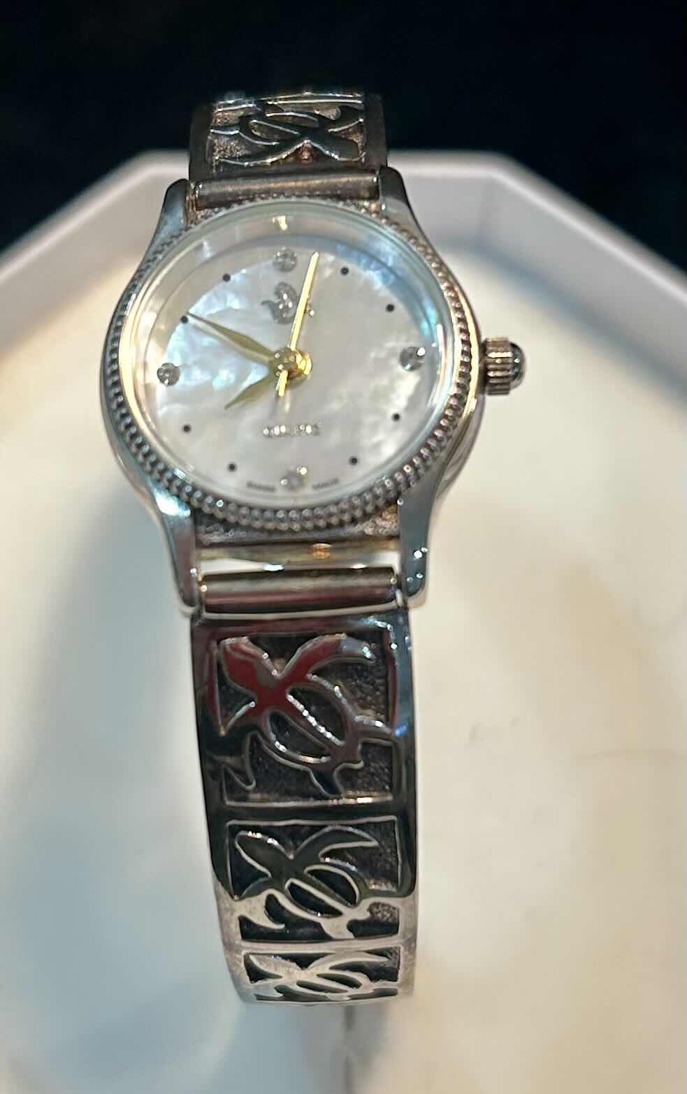 Photo 1 of FINE JEWELRY- STERLING SILVER BAND MOTHER OF PEARL FACE WOMENS SWISS MADE QUARTZ WATCH