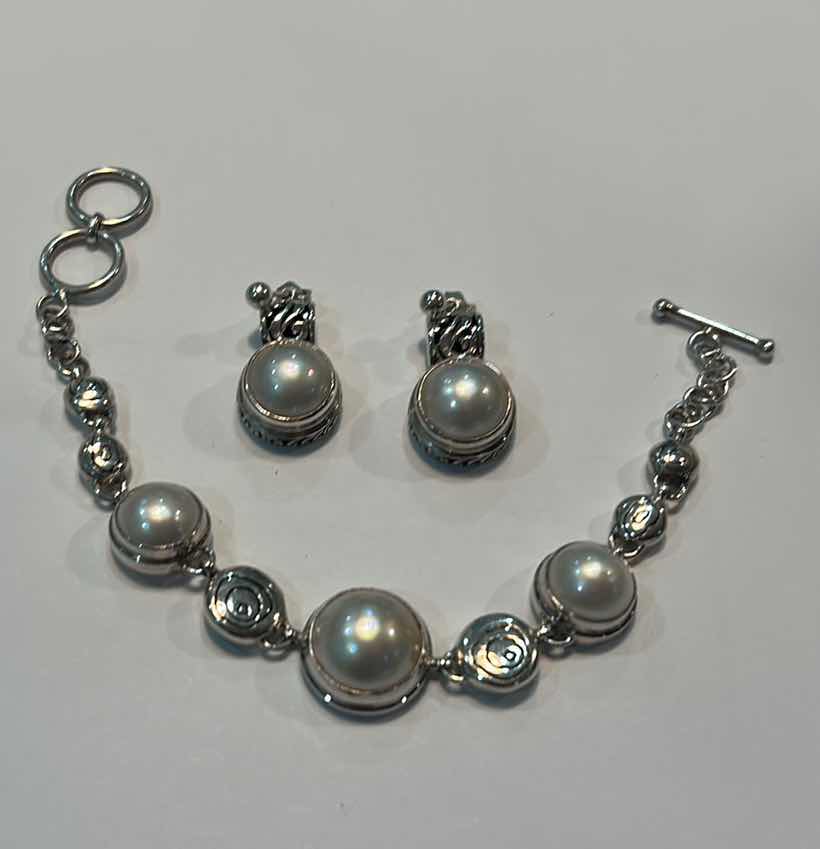 Photo 2 of FINE JEWELRY- .925 STERLING SILVER BRACELET AND EARRINGS WITH PEARLS