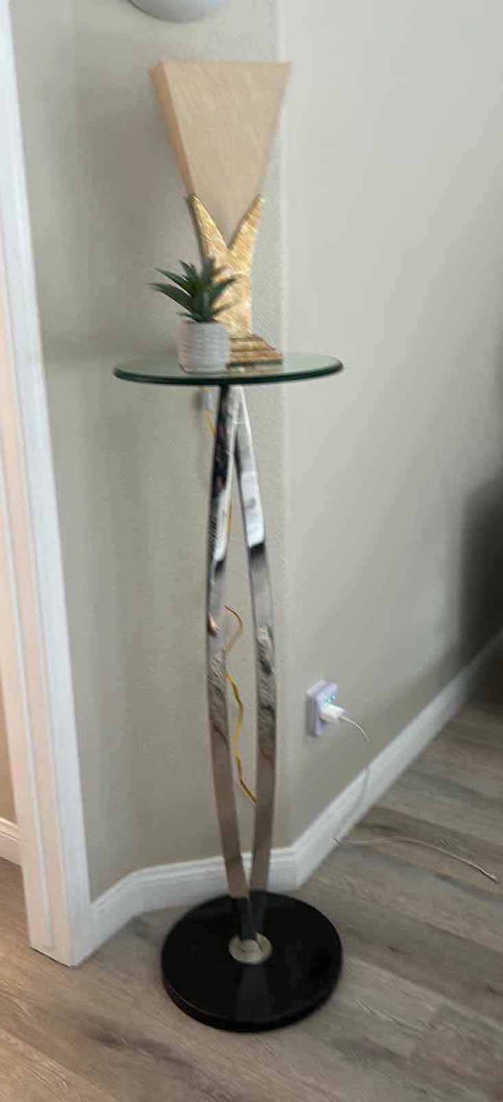 Photo 9 of ELEGANT TALL, MODERN CHROME AND GLASS TOP TABLE WITH HEAVY MARBLE BASE, WITH LAMP AND FAUX PLANT 26” x 50”