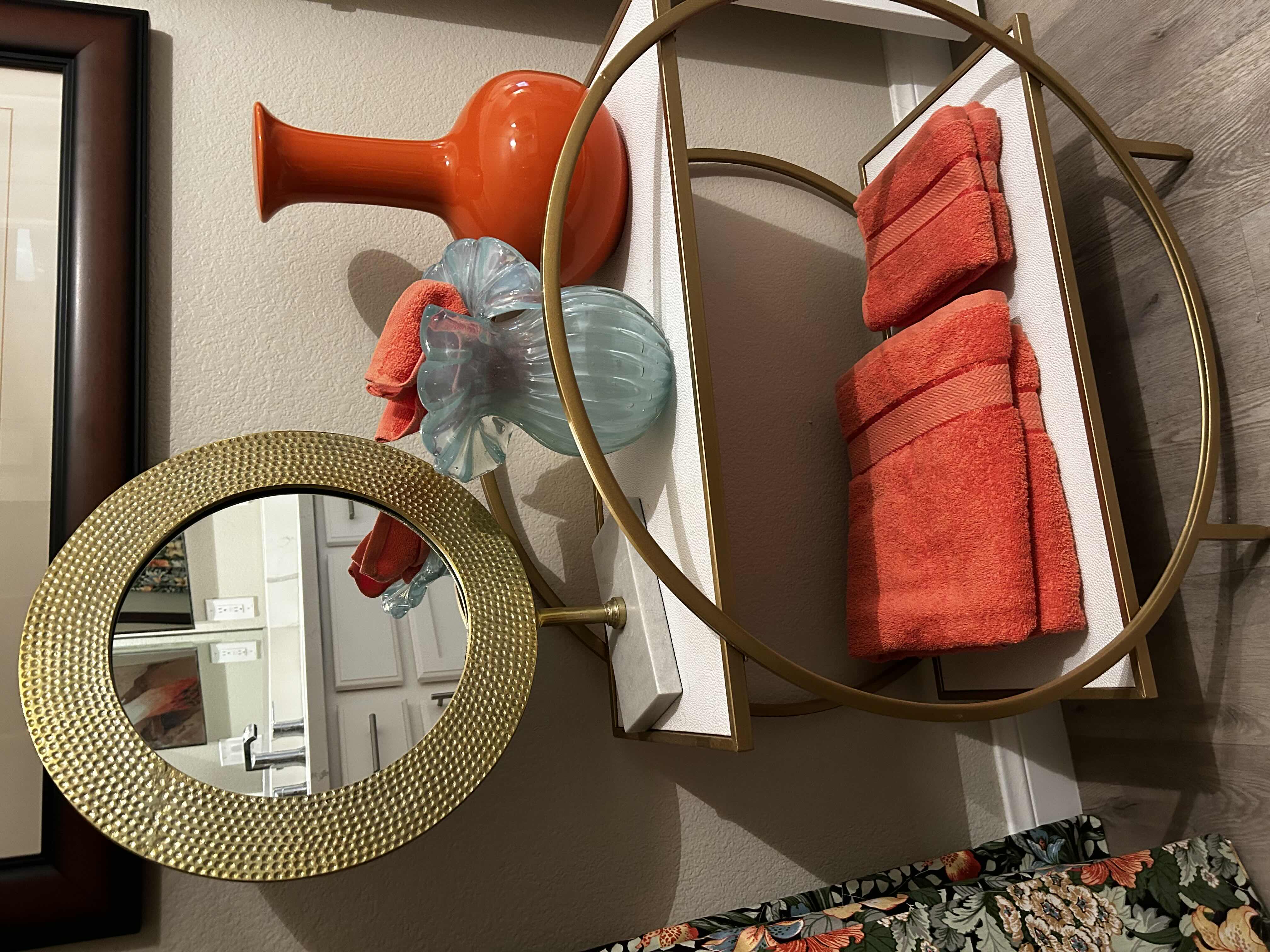 Photo 11 of BATHROOM ENSEMBLE INCLUDES- DRAPERY PANELS, 2 ARTWORK, ORANGE VASE AND GOLD HAMMERED MIRROR ON STAND, 2 BLACK AND WHITE TALL JARS WITH LIDS AND BLUE GLASS VASE (CART NOT INCLUDED) LARGEST FRAMED ARTWORK 3’ x 46”