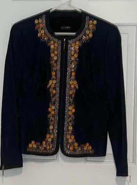 Photo 14 of WOMENS DESIGNER CLOTHING- ESCADA DEEP DENIM BLUE 100% COTTON ZIP UP JACKET WITH FLOWER EMBROIDERY, SEQUINS AND CRYSTALS EUROPEAN SIZE 38