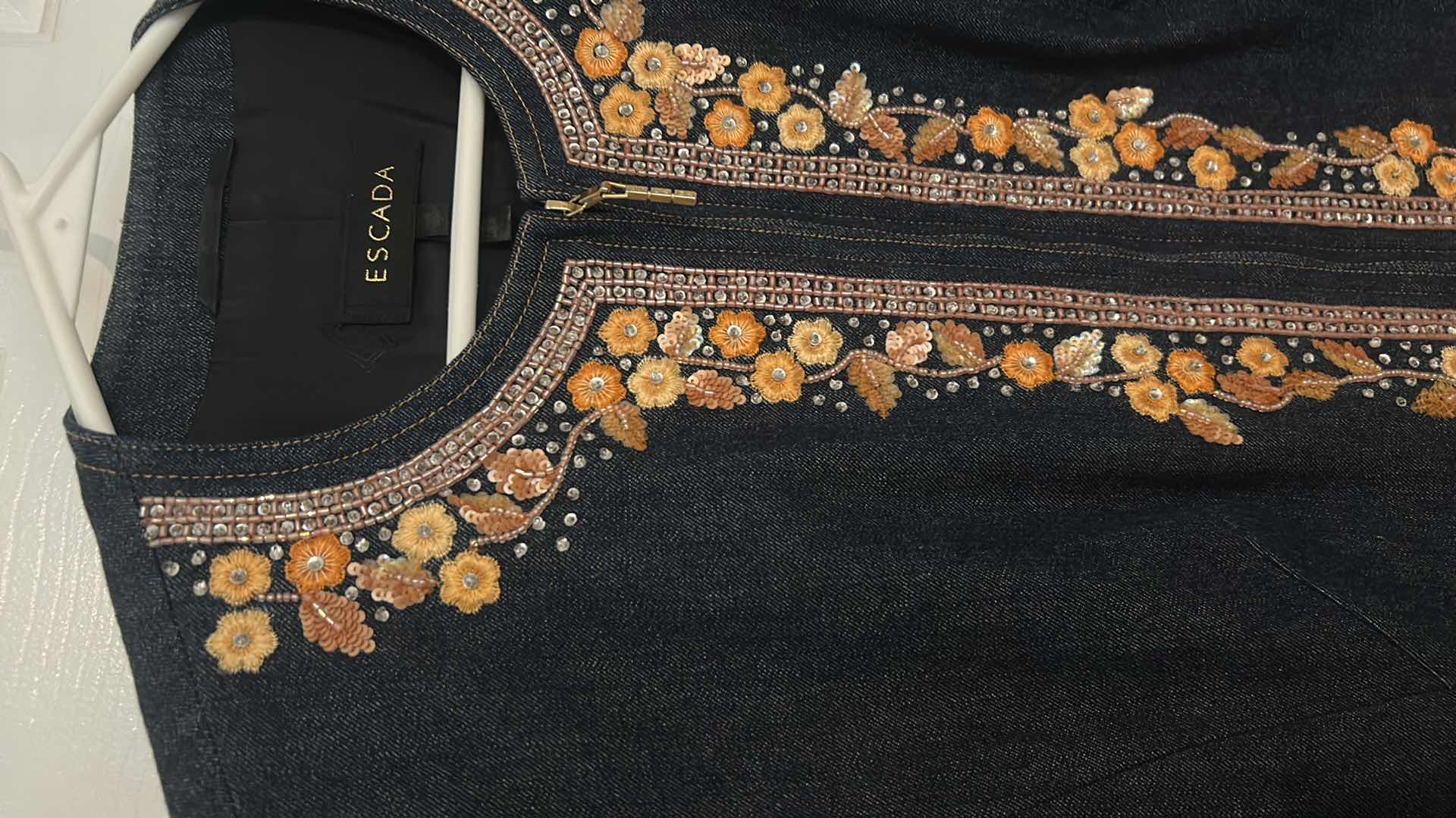 Photo 3 of WOMENS DESIGNER CLOTHING- ESCADA DEEP DENIM BLUE 100% COTTON ZIP UP JACKET WITH FLOWER EMBROIDERY, SEQUINS AND CRYSTALS EUROPEAN SIZE 38