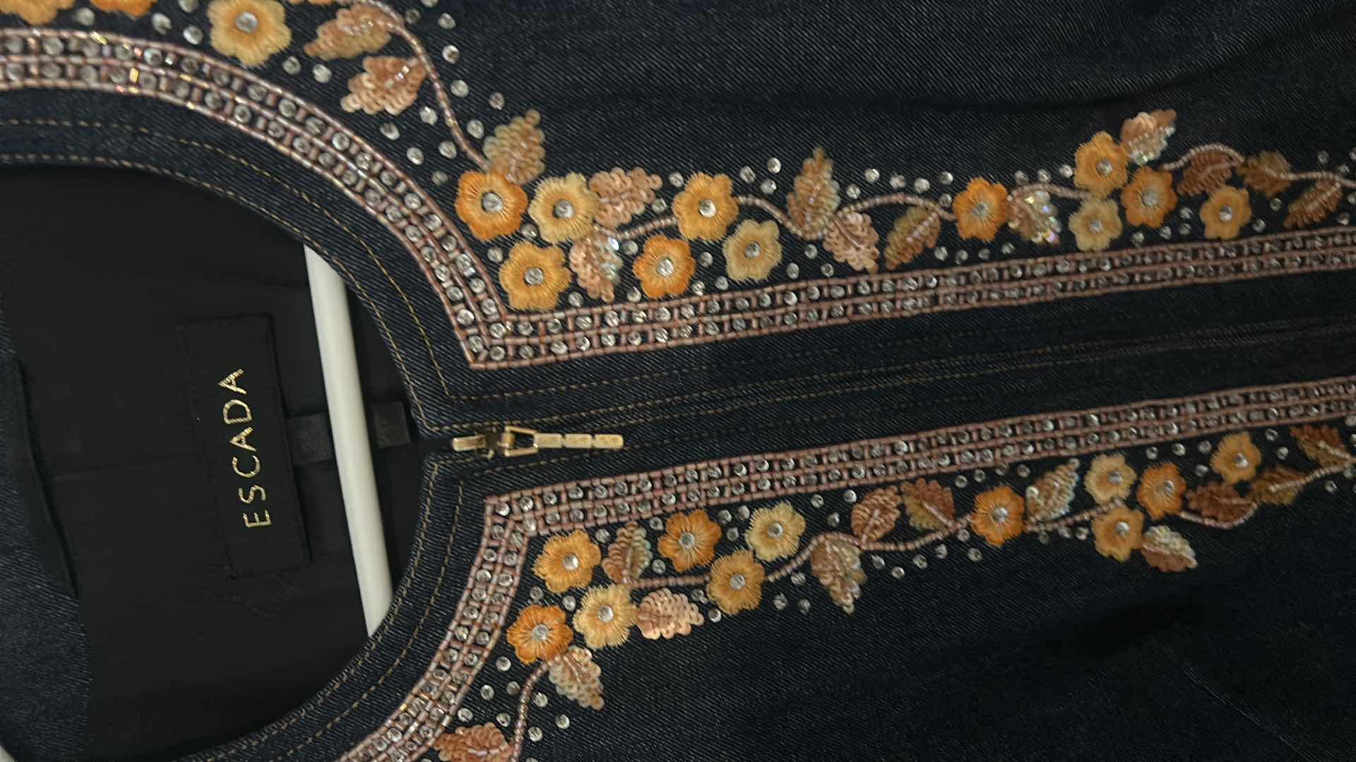 Photo 7 of WOMENS DESIGNER CLOTHING- ESCADA DEEP DENIM BLUE 100% COTTON ZIP UP JACKET WITH FLOWER EMBROIDERY, SEQUINS AND CRYSTALS EUROPEAN SIZE 38