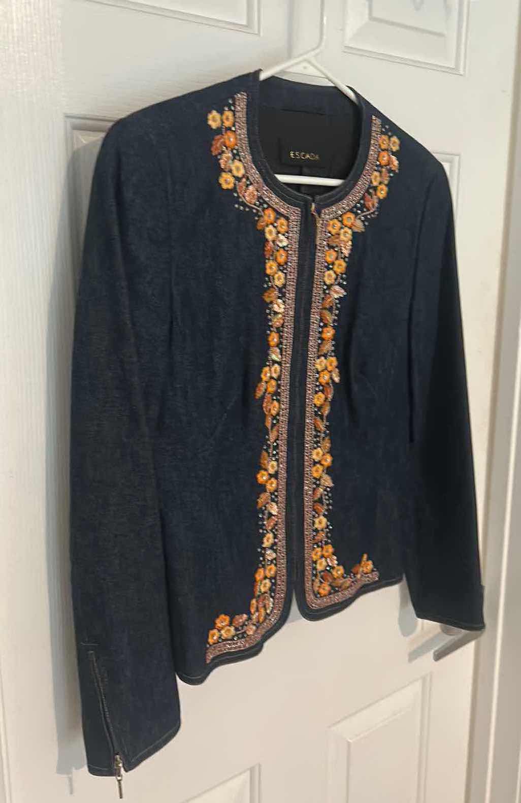 Photo 5 of WOMENS DESIGNER CLOTHING- ESCADA DEEP DENIM BLUE 100% COTTON ZIP UP JACKET WITH FLOWER EMBROIDERY, SEQUINS AND CRYSTALS EUROPEAN SIZE 38