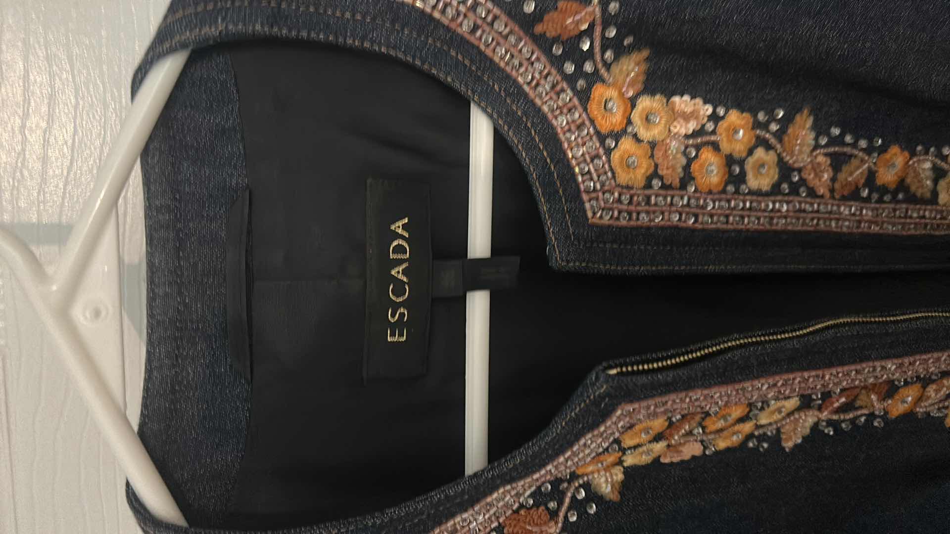 Photo 8 of WOMENS DESIGNER CLOTHING- ESCADA DEEP DENIM BLUE 100% COTTON ZIP UP JACKET WITH FLOWER EMBROIDERY, SEQUINS AND CRYSTALS EUROPEAN SIZE 38