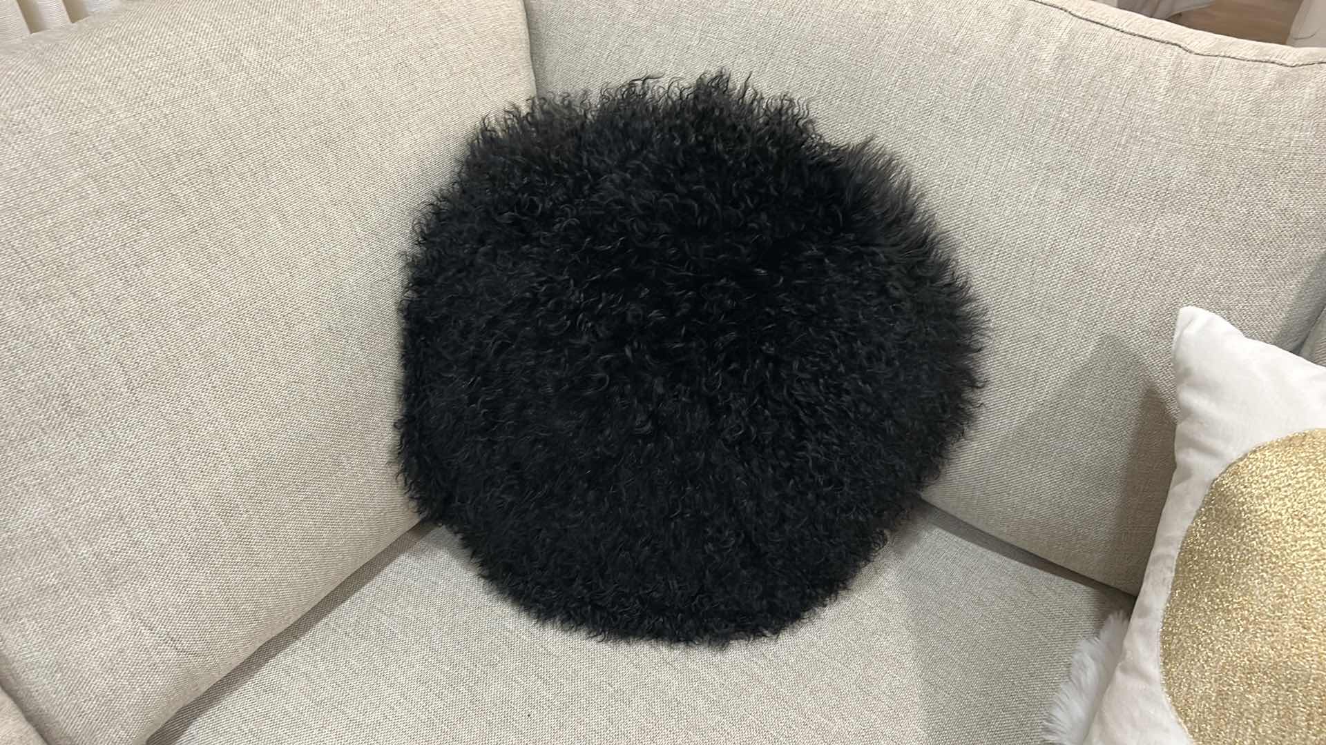 Photo 2 of Z GALLERIE BLACK SHEEPSKIN  ROUND PILLOW 16” WITH FUR 22”