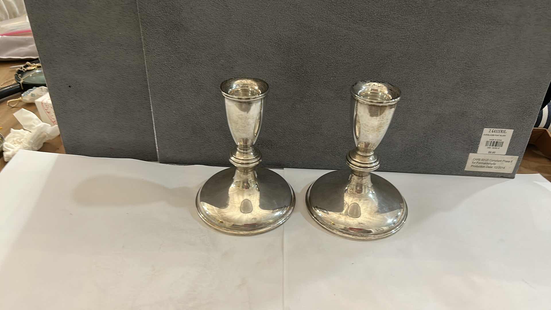 Photo 2 of SILVER CANDLE STICKS - 6TT PREISMER STERLING WEIGHTED 4” x 4.75”