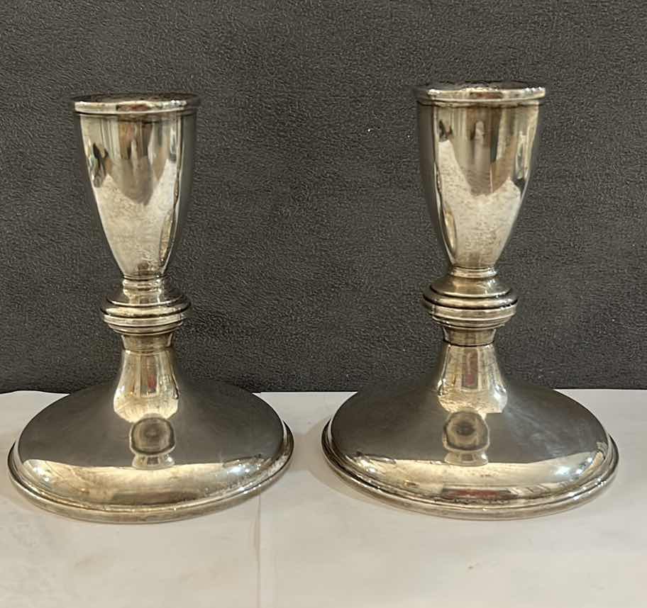 Photo 4 of SILVER CANDLE STICKS - 6TT PREISMER STERLING WEIGHTED 4” x 4.75”