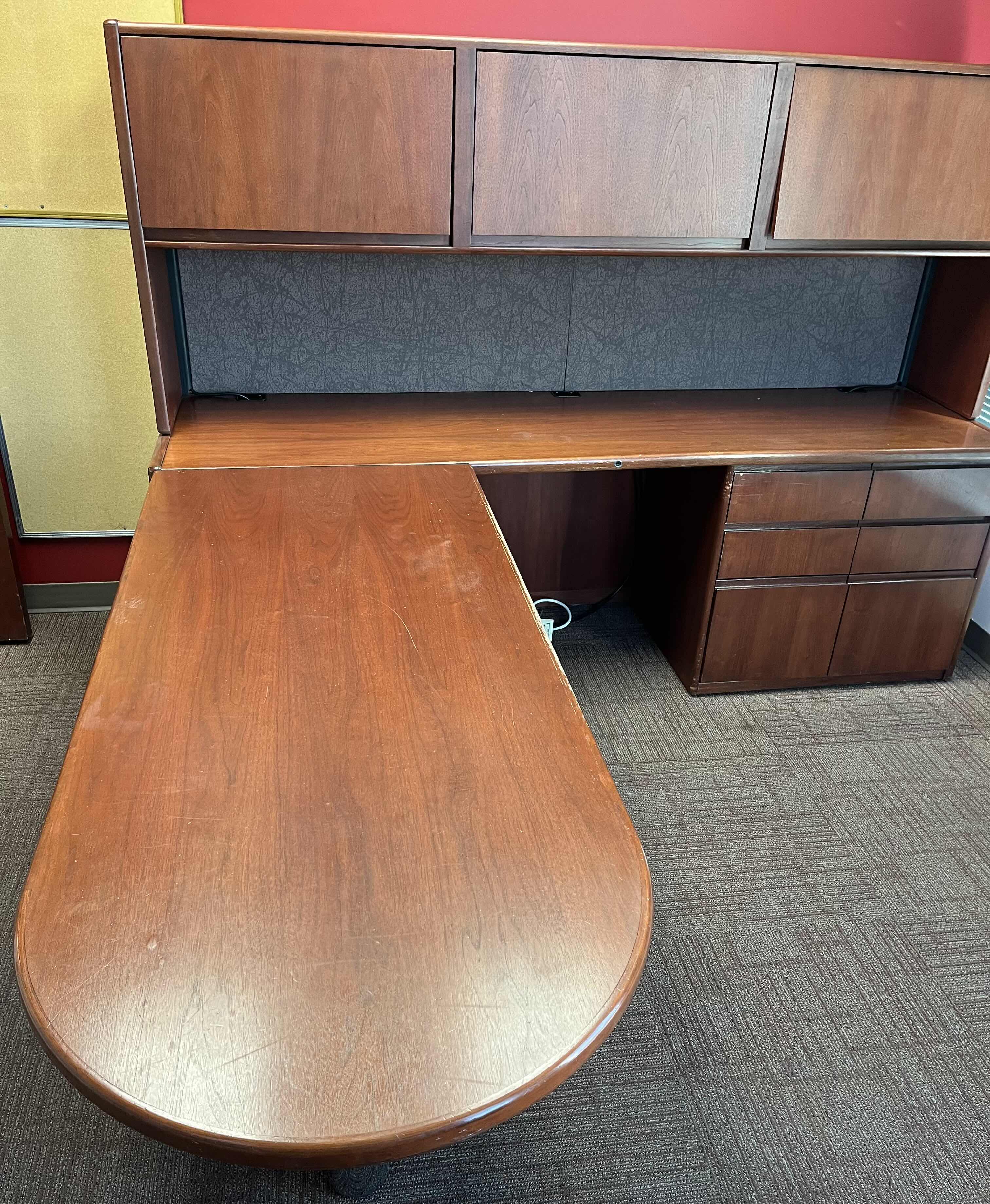 Photo 3 of STEELCASE CHERRY FINISH SOLID WOOD L SHAPE 6 DRAWER OFFICE DESK 90” X 93” H64.5”