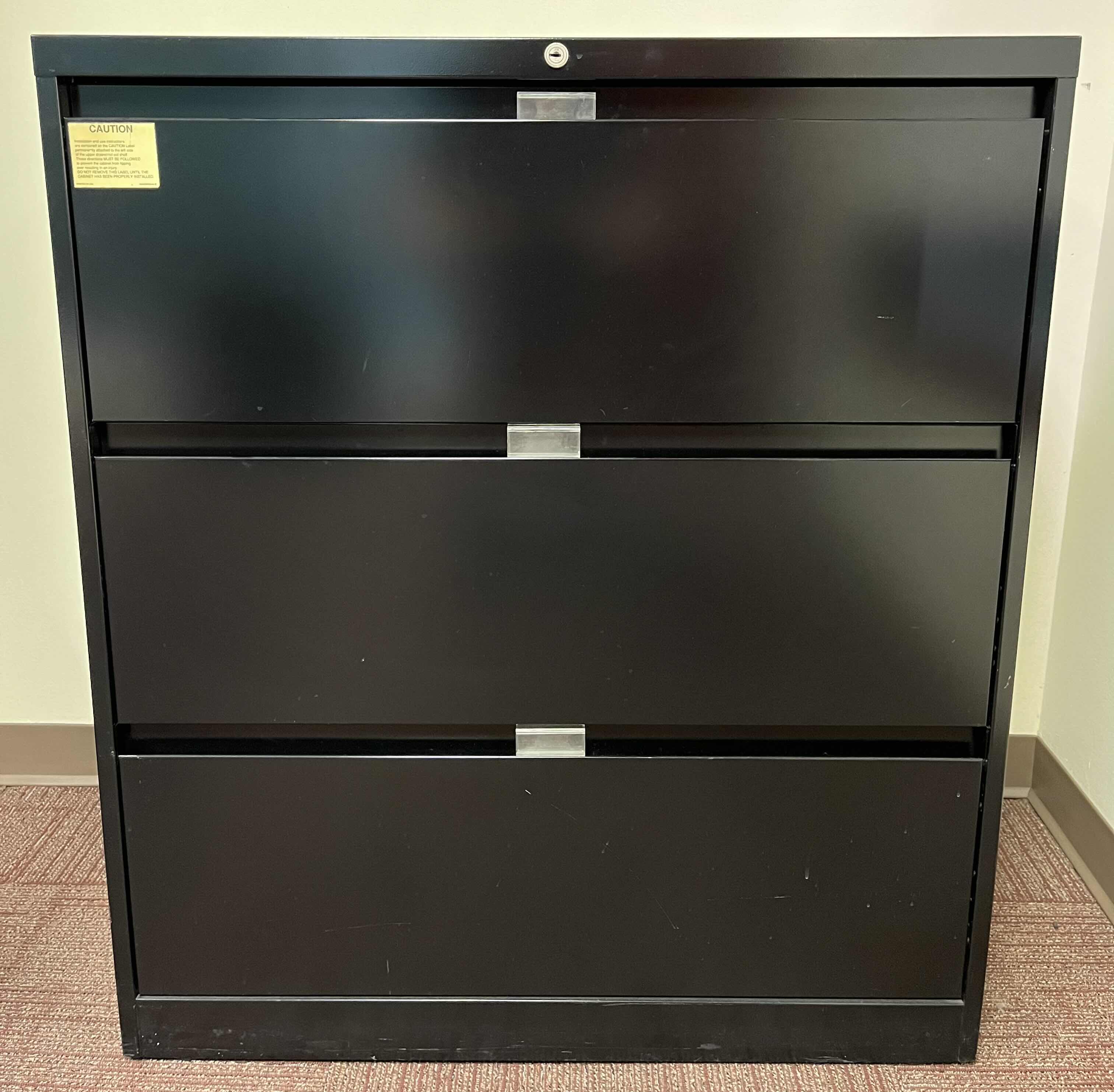 Photo 1 of STEELCASE BLACK METAL 3 DRAWER LATERAL FILE CABINET 36” X 18” H41.5”