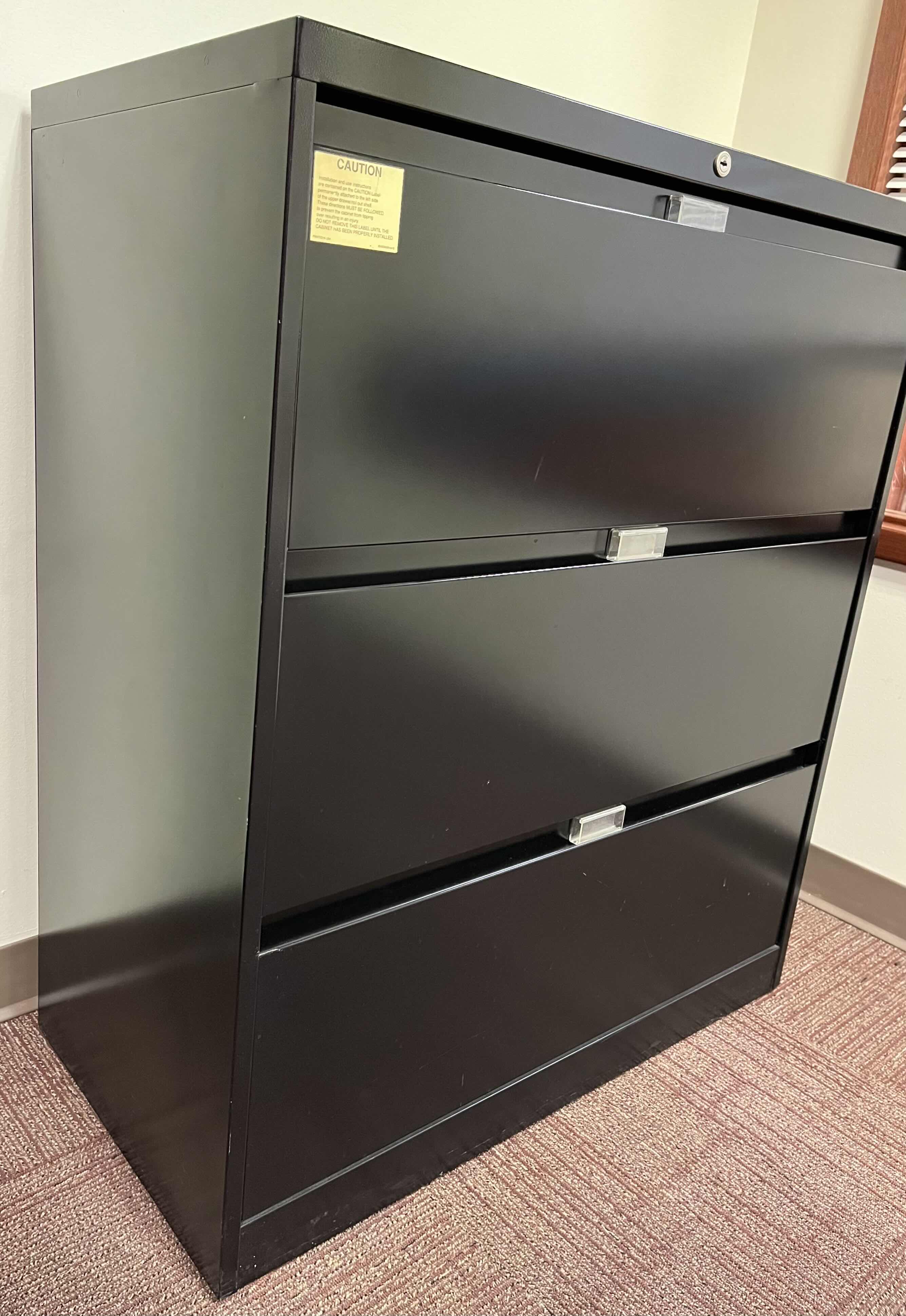 Photo 3 of STEELCASE BLACK METAL 3 DRAWER LATERAL FILE CABINET 36” X 18” H41.5”