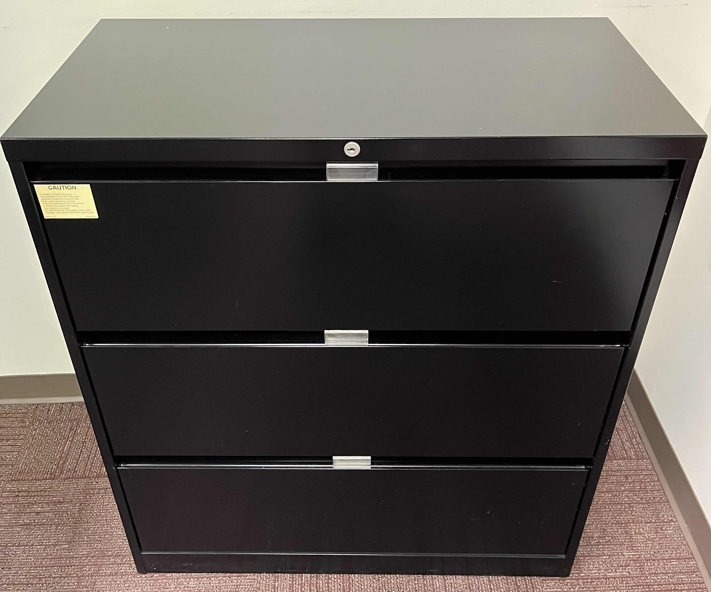 Photo 2 of STEELCASE BLACK METAL 3 DRAWER LATERAL FILE CABINET 36” X 18” H41.5”
