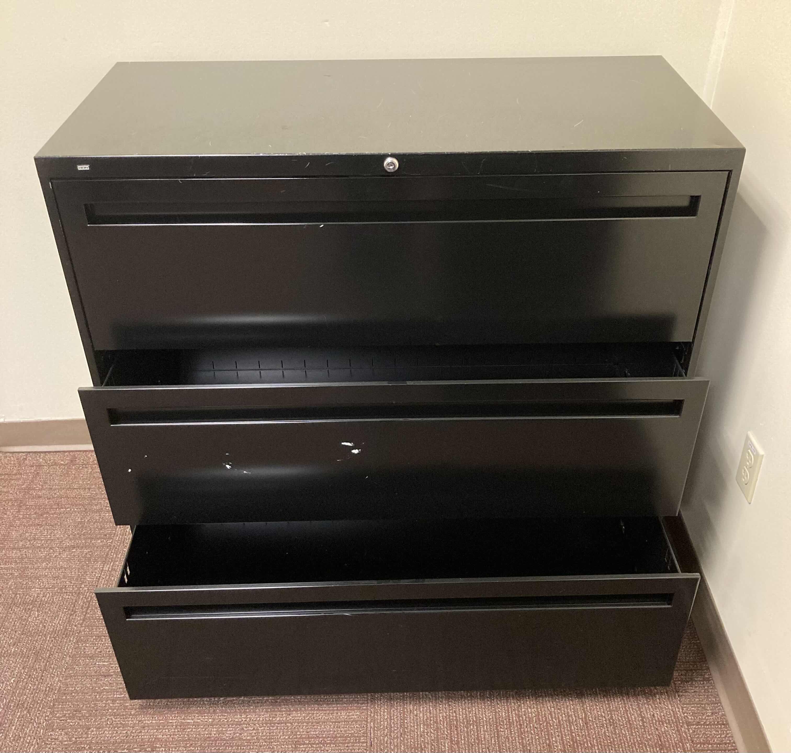 Photo 2 of HON BLACK 3 DRAWER LATERAL FILING CABINET 42” X 19.25” H40.5”