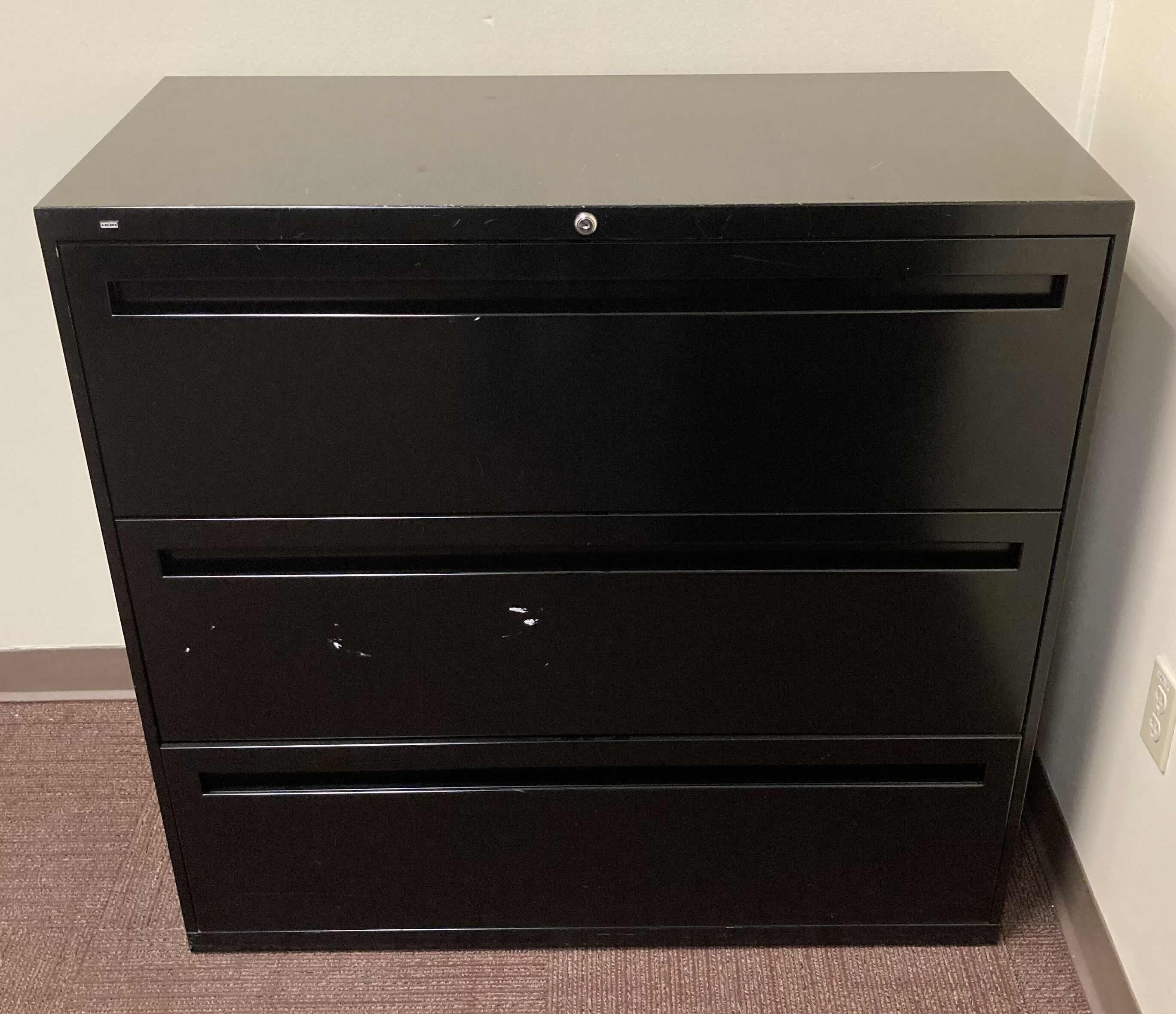 Photo 1 of HON BLACK 3 DRAWER LATERAL FILING CABINET 42” X 19.25” H40.5”
