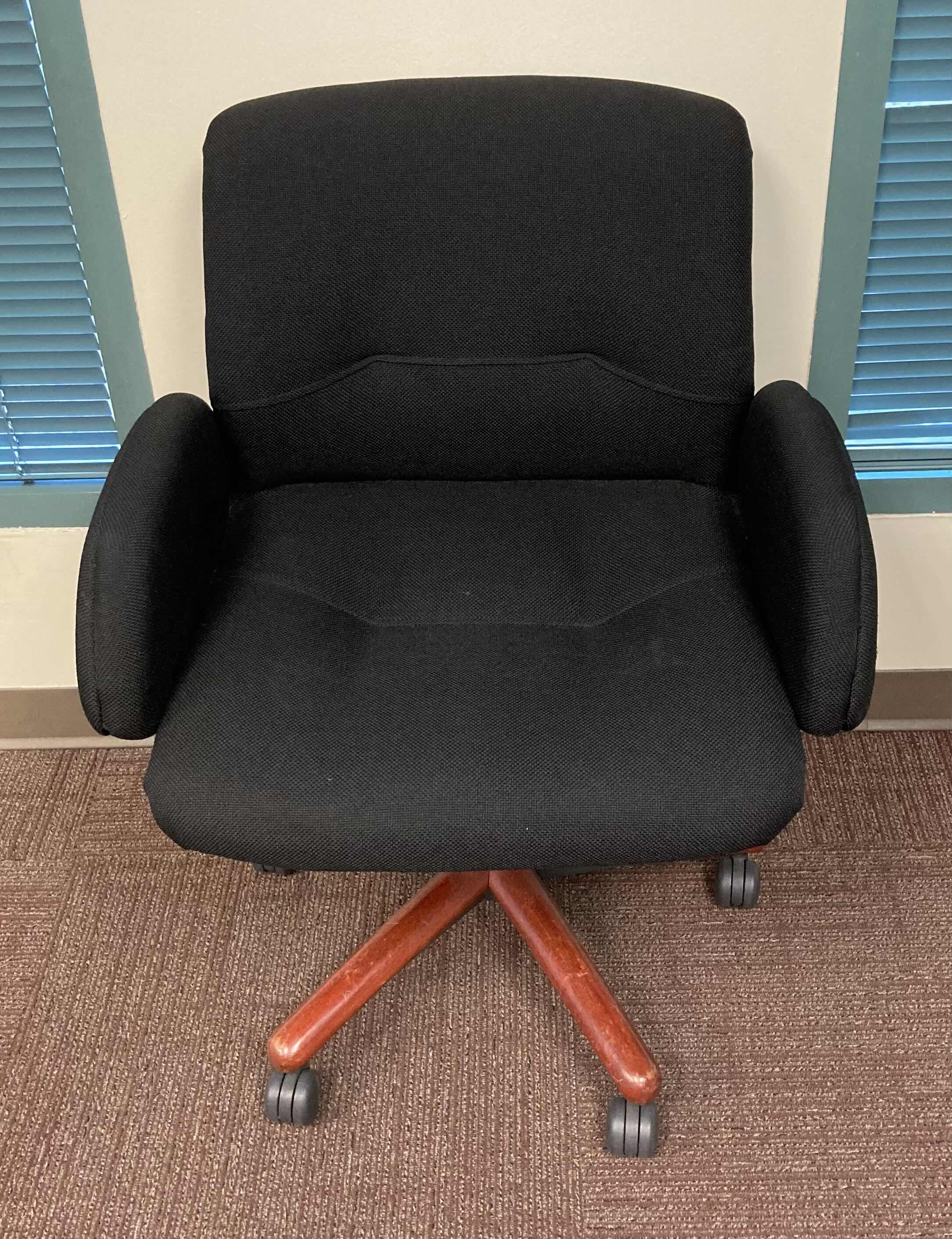 Photo 2 of STEELCASE BLACK UPHOLSTERY CHERRY FINISH SWIVEL OFFICE CHAIR 26” X 24” H36”