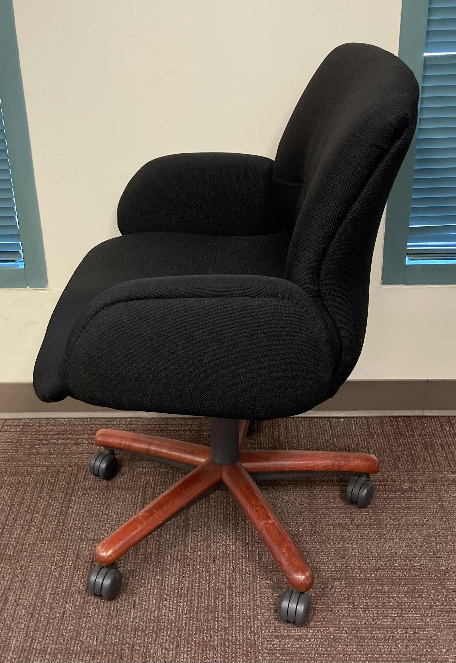 Photo 3 of STEELCASE BLACK UPHOLSTERY CHERRY FINISH SWIVEL OFFICE CHAIR 26” X 24” H36”