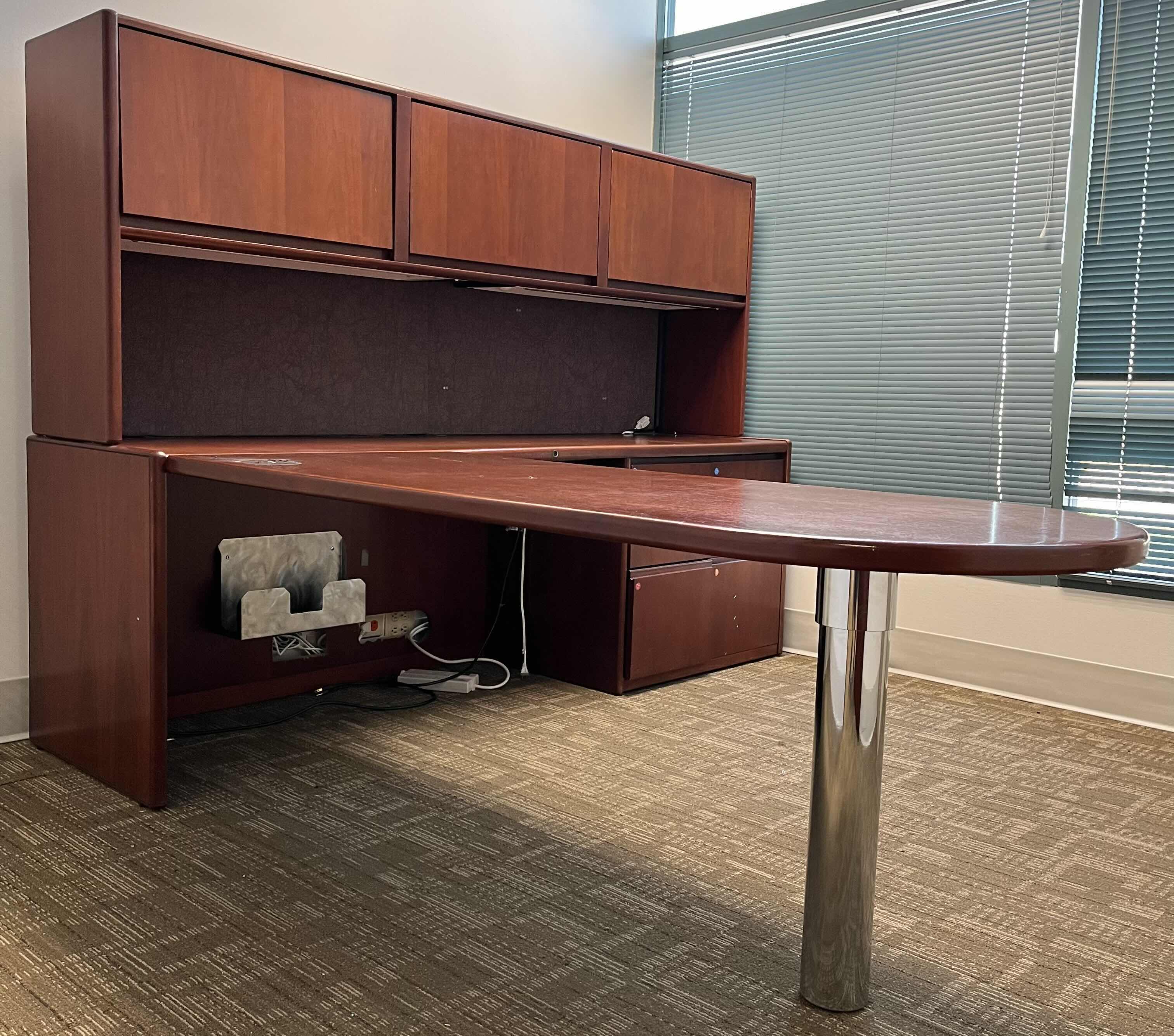 Photo 2 of STEELCASE CHERRY FINISH SOLID WOOD L SHAPE 6 DRAWER OFFICE DESK 90” X 93” H64.5”