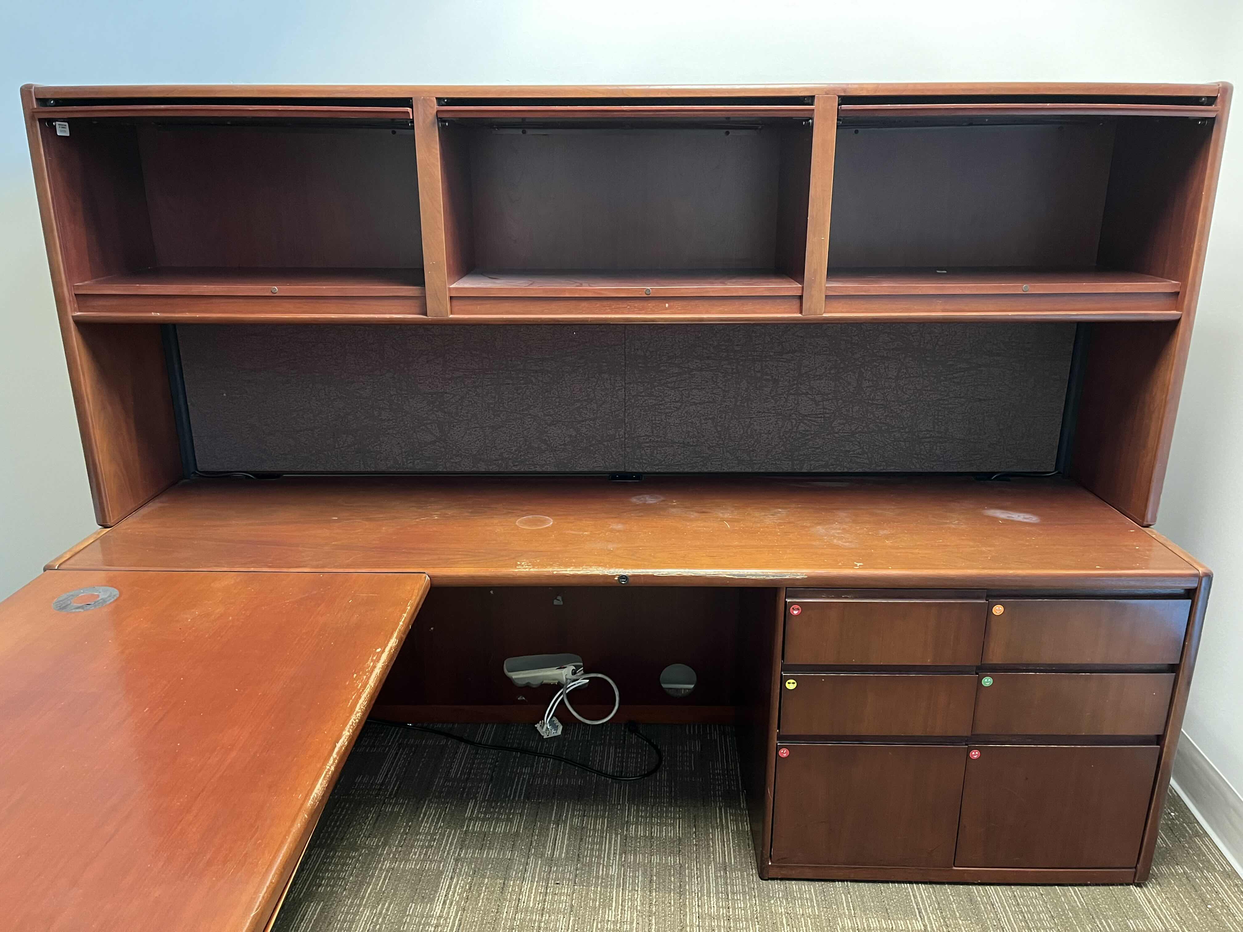 Photo 4 of STEELCASE CHERRY FINISH SOLID WOOD L SHAPE 6 DRAWER OFFICE DESK 90” X 93” H64.5”