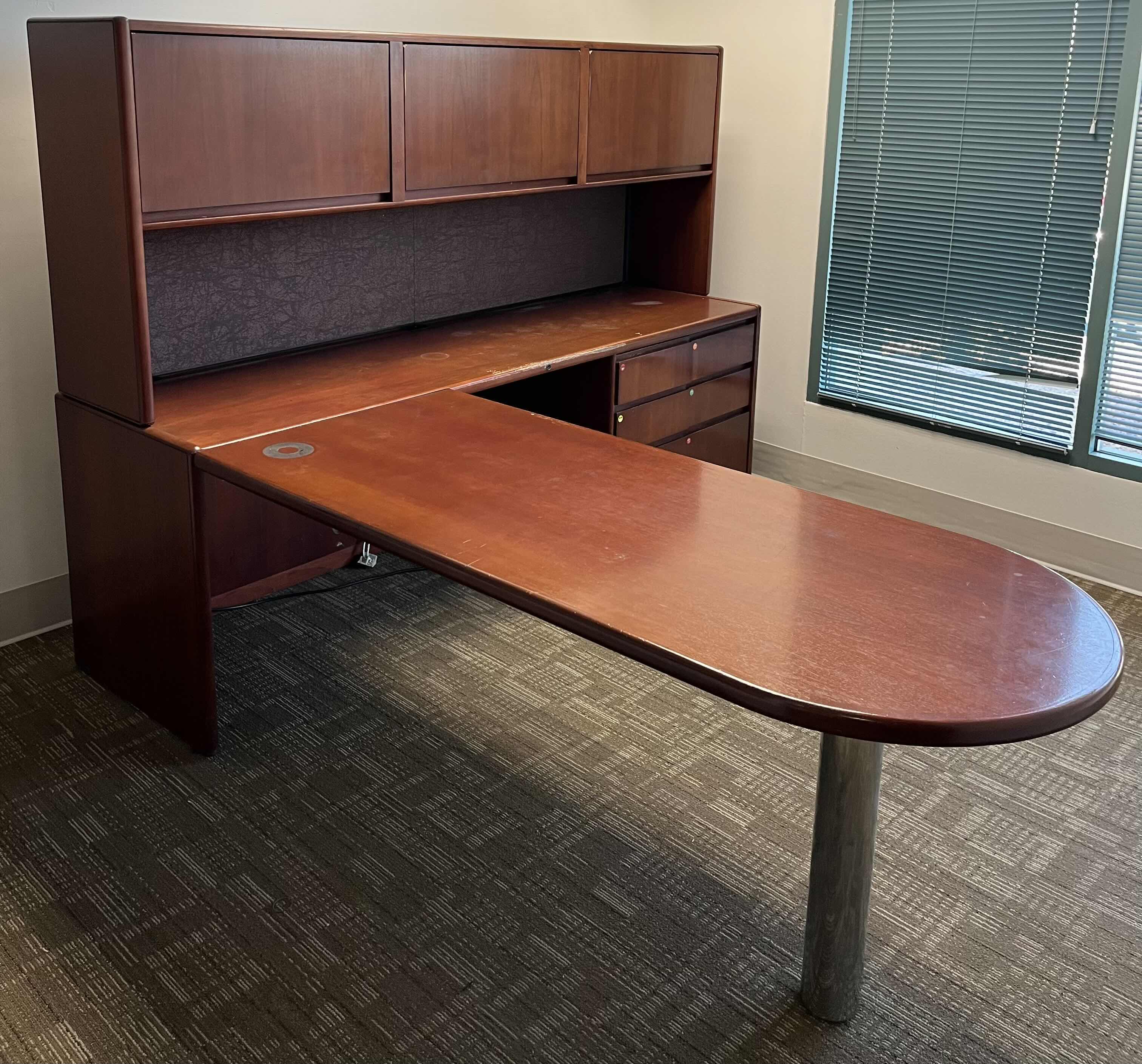Photo 1 of STEELCASE CHERRY FINISH SOLID WOOD L SHAPE 6 DRAWER OFFICE DESK 90” X 93” H64.5”