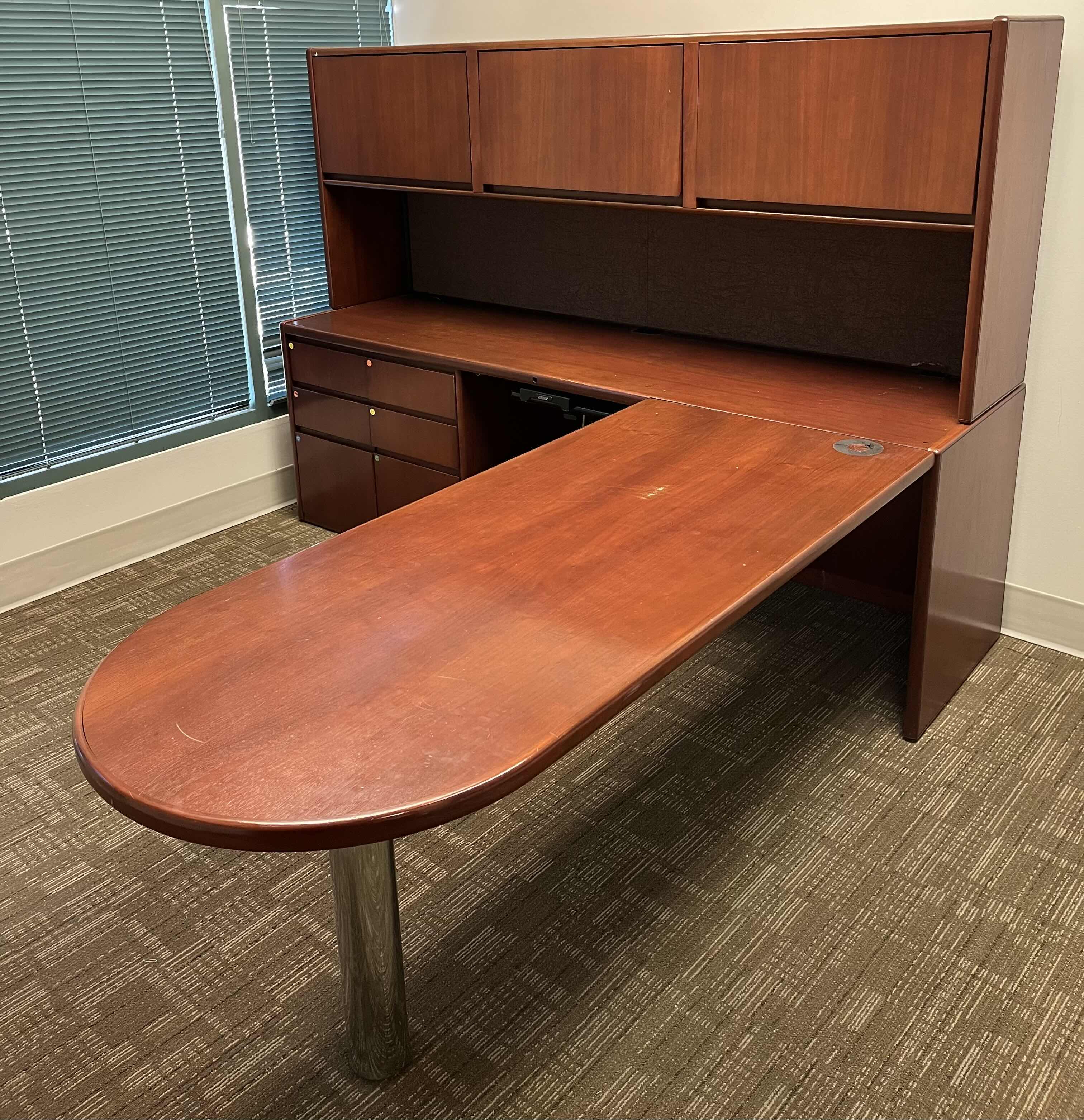 Photo 1 of STEELCASE CHERRY FINISH SOLID WOOD L SHAPE 6 DRAWER OFFICE DESK 90” X 93” H64.5”