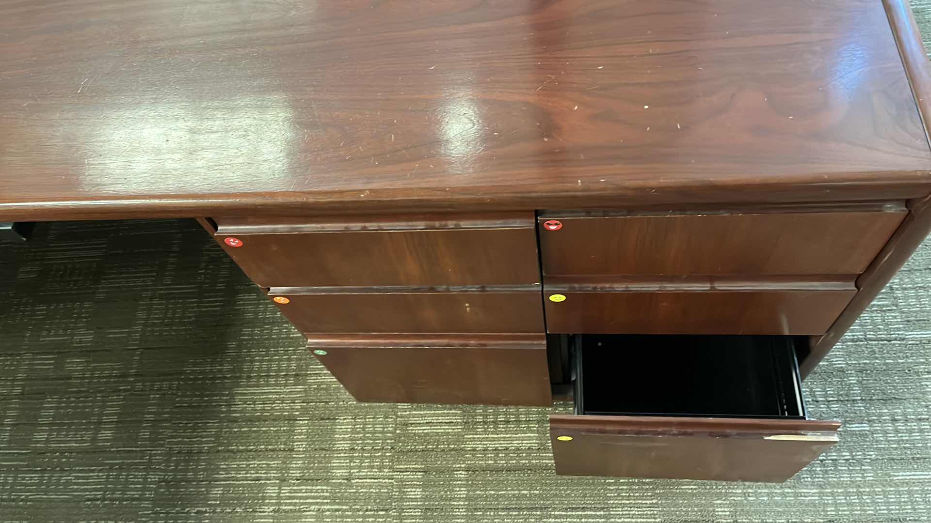 Photo 8 of STEELCASE CHERRY FINISH SOLID WOOD L SHAPE 6 DRAWER OFFICE DESK 90” X 93” H29.5”