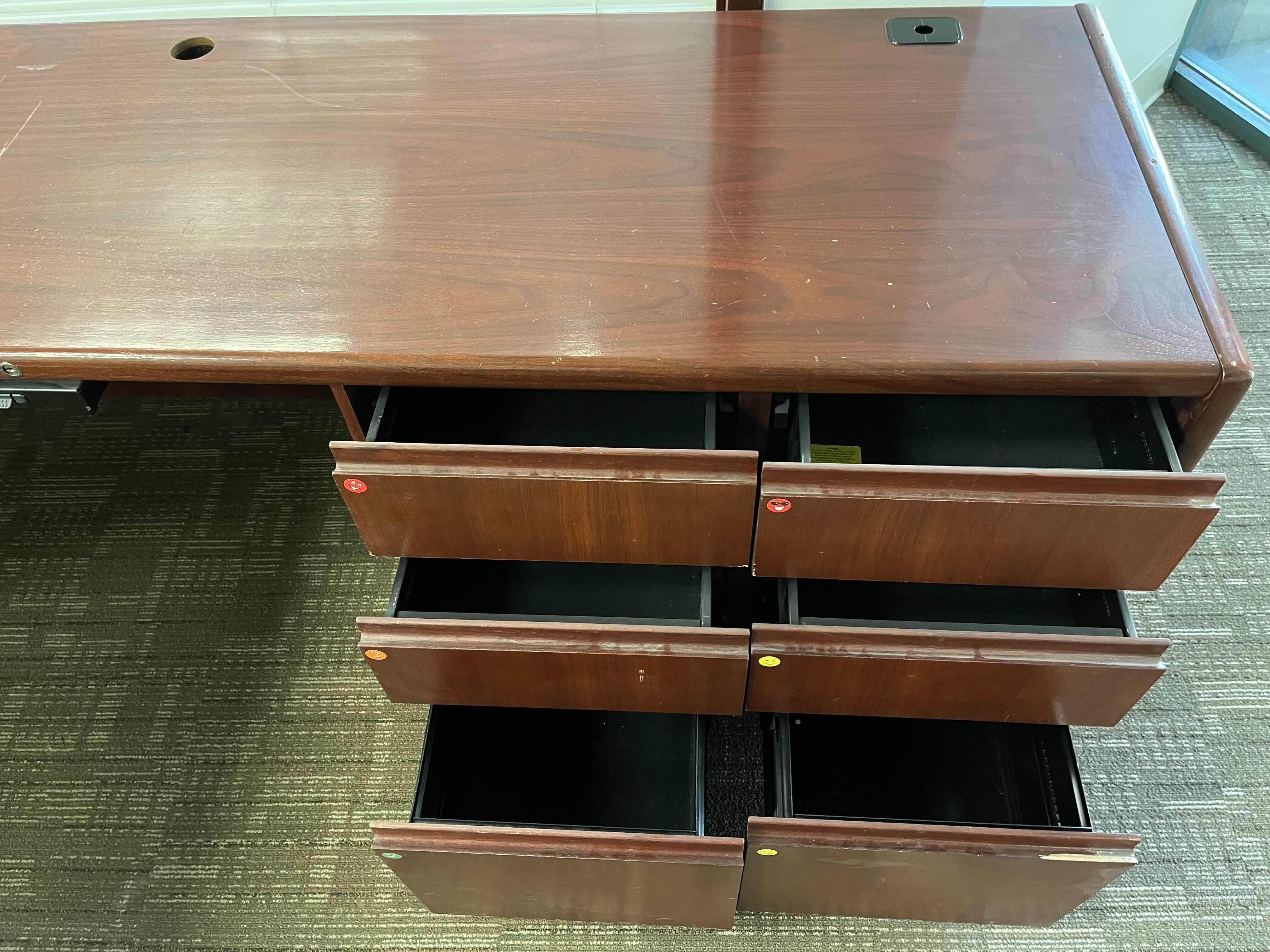 Photo 6 of STEELCASE CHERRY FINISH SOLID WOOD L SHAPE 6 DRAWER OFFICE DESK 90” X 93” H29.5”