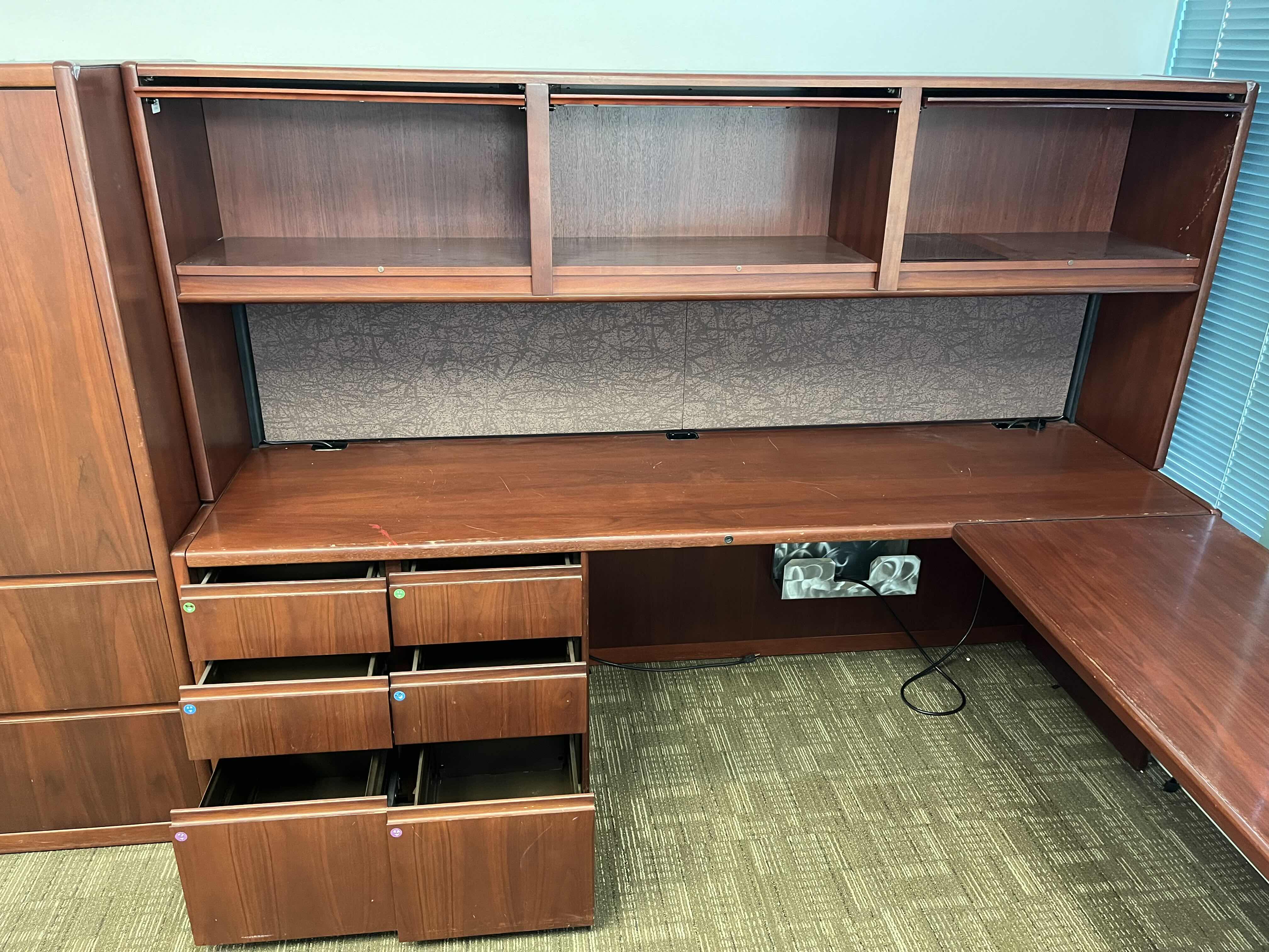 Photo 6 of STEELCASE CHERRY FINISH SOLID WOOD U SHAPE 8 DRAWER OFFICE DESK W BUILT IN CABINET 125” X 105” H64.5”