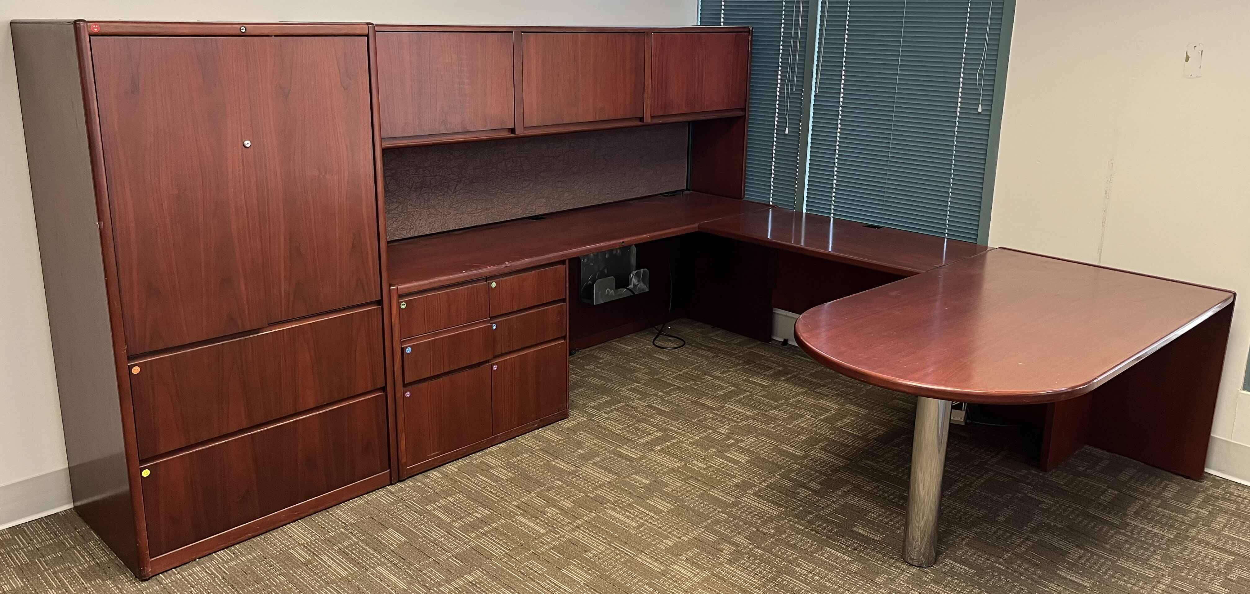 Photo 1 of STEELCASE CHERRY FINISH SOLID WOOD U SHAPE 8 DRAWER OFFICE DESK W BUILT IN CABINET 125” X 105” H64.5”
