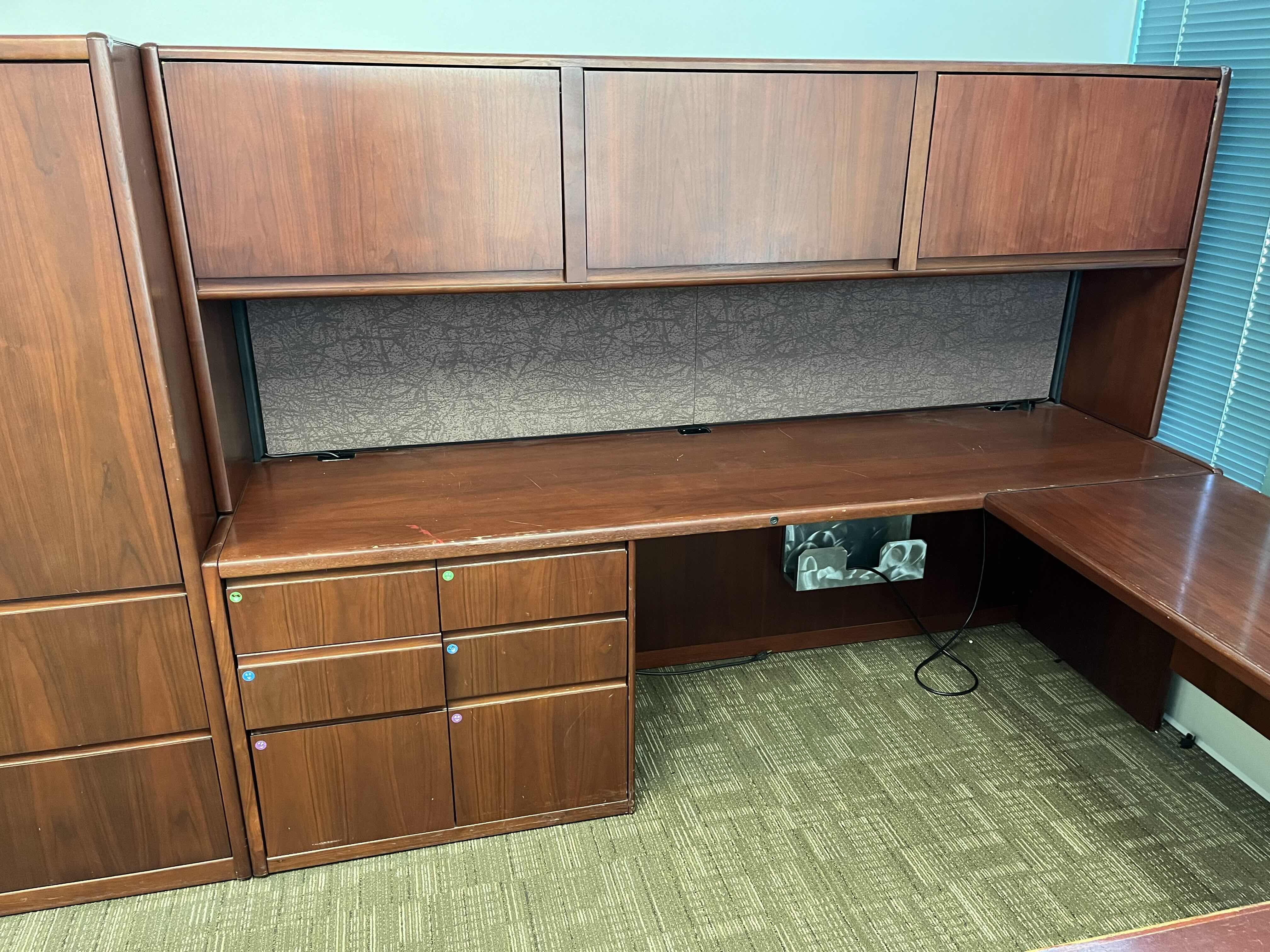 Photo 5 of STEELCASE CHERRY FINISH SOLID WOOD U SHAPE 8 DRAWER OFFICE DESK W BUILT IN CABINET 125” X 105” H64.5”