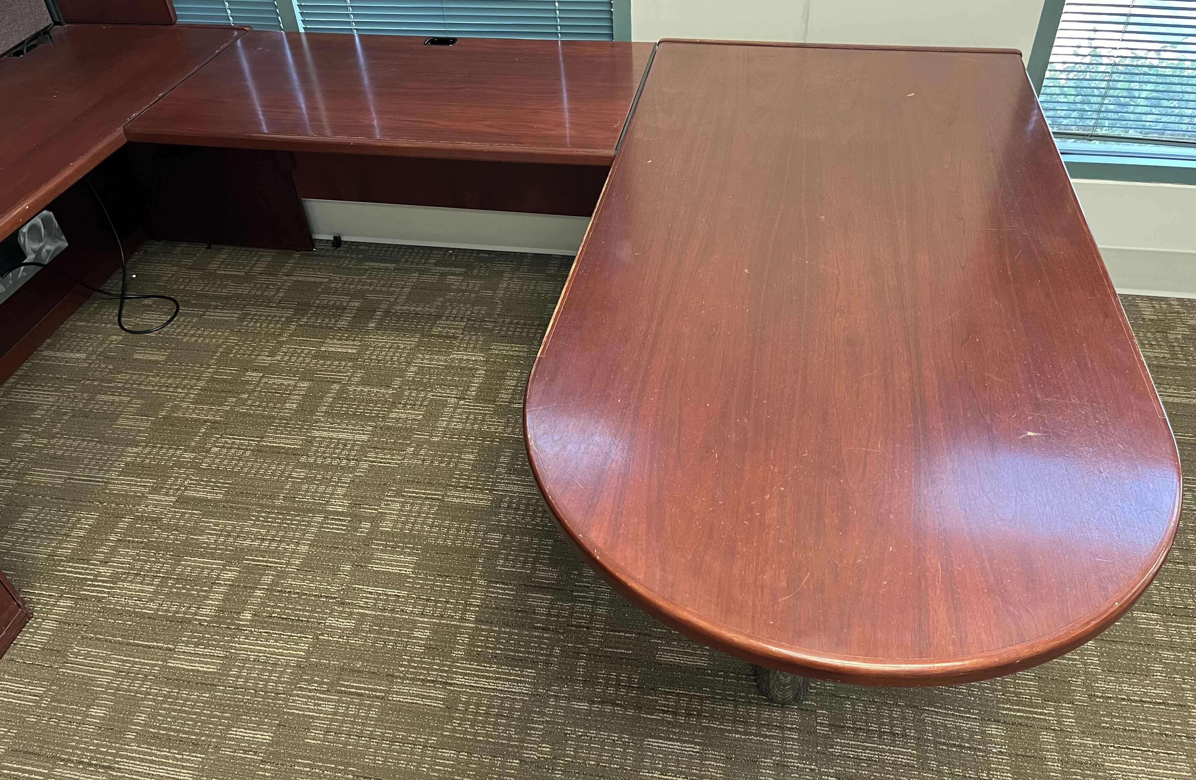 Photo 7 of STEELCASE CHERRY FINISH SOLID WOOD U SHAPE 8 DRAWER OFFICE DESK W BUILT IN CABINET 125” X 105” H64.5”