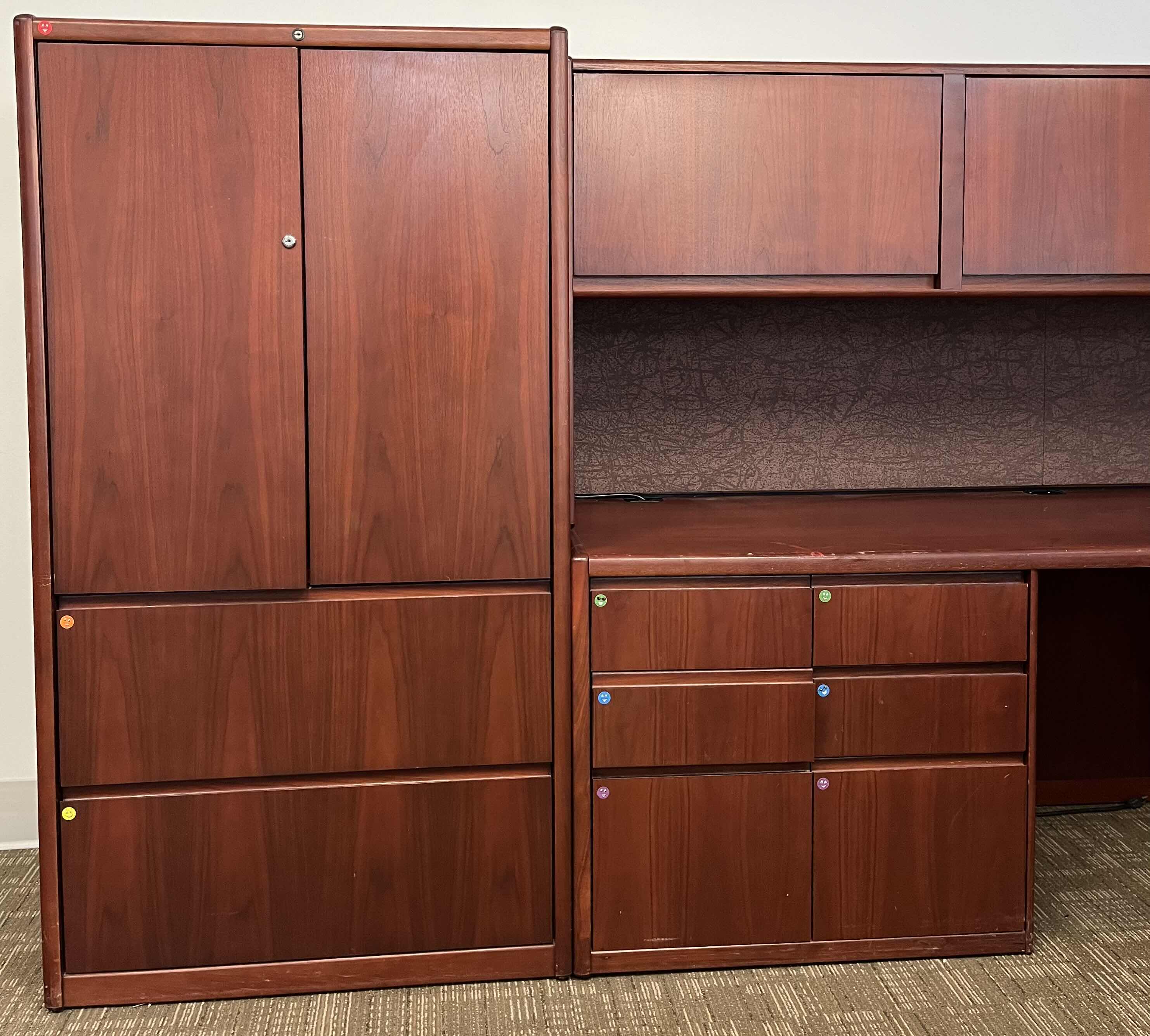 Photo 3 of STEELCASE CHERRY FINISH SOLID WOOD U SHAPE 8 DRAWER OFFICE DESK W BUILT IN CABINET 125” X 105” H64.5”