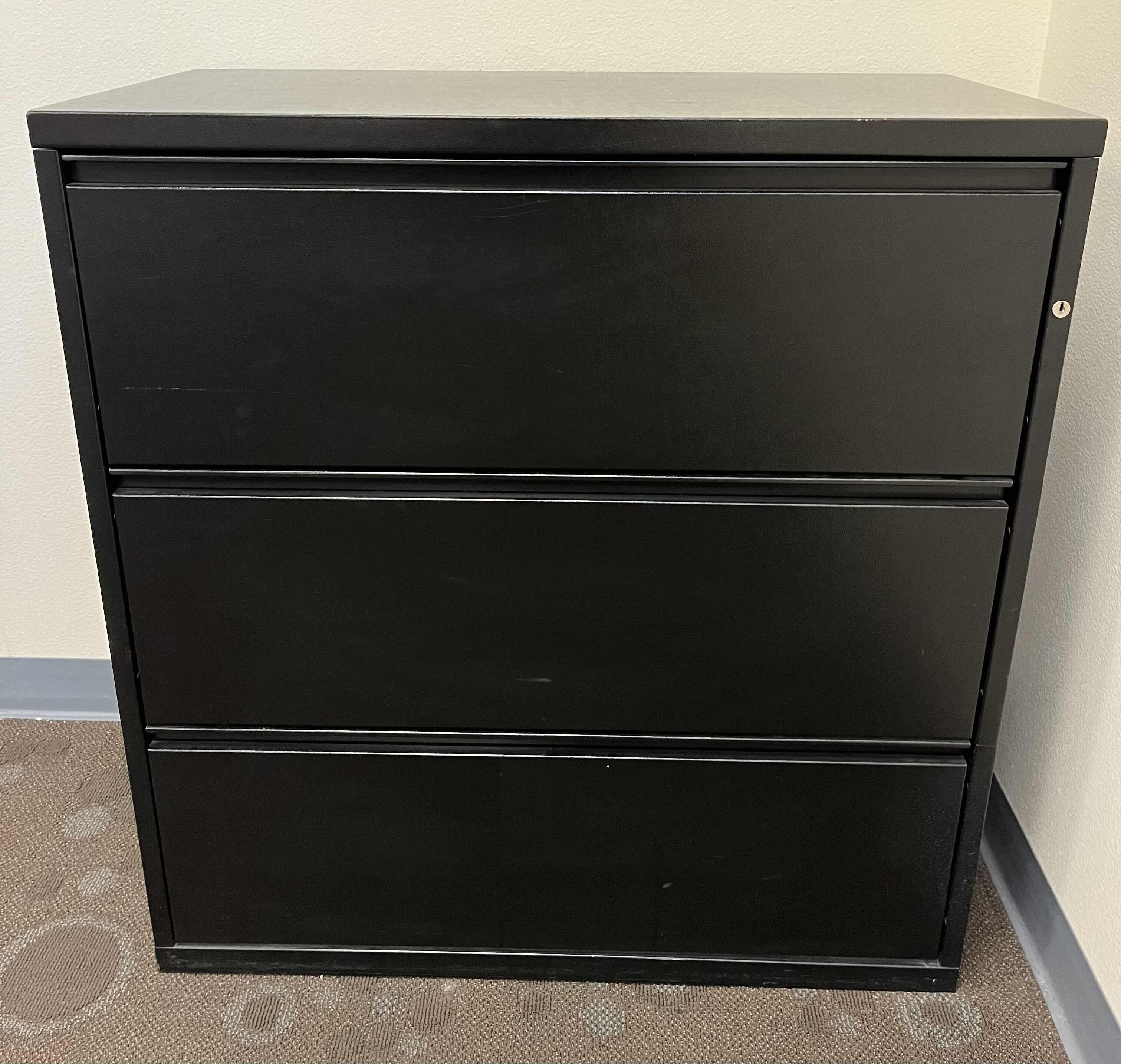 Photo 1 of MERIDIAN BLACK METAL 3 DRAWER LATERAL FILE CABINET 36” X 18” H38”