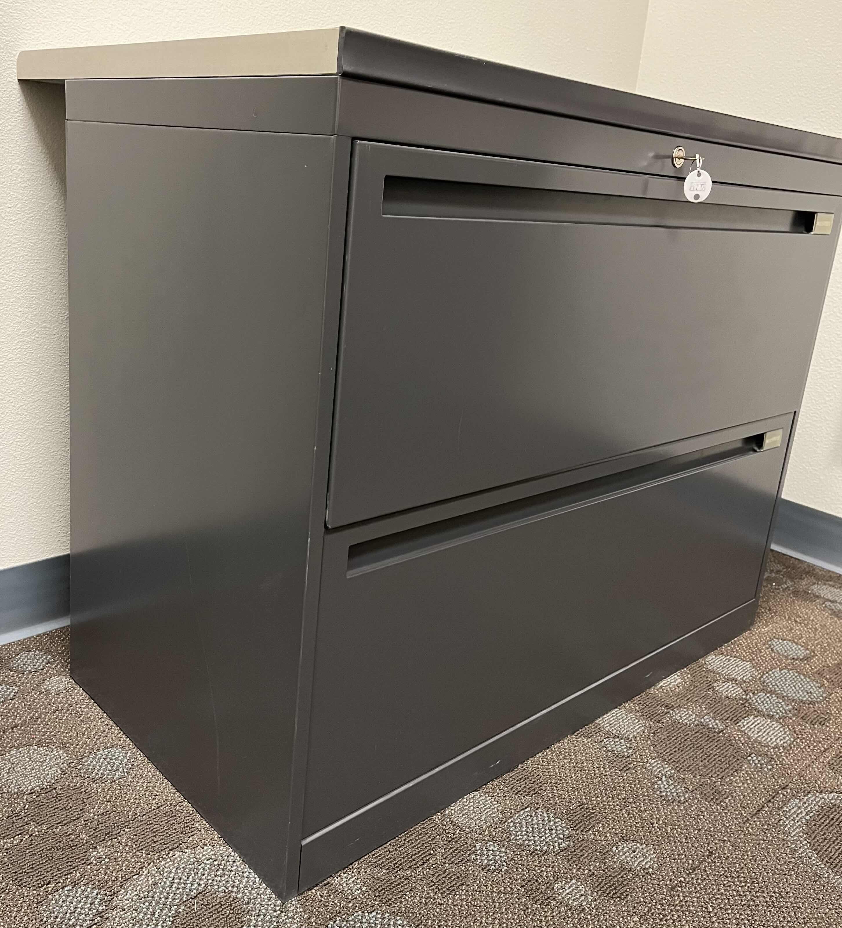 Photo 3 of ALL STEEL 2 DRAWER METAL LATERAL FILE CABINET W WORKSTATION TOP 36” X 23.5” H29”