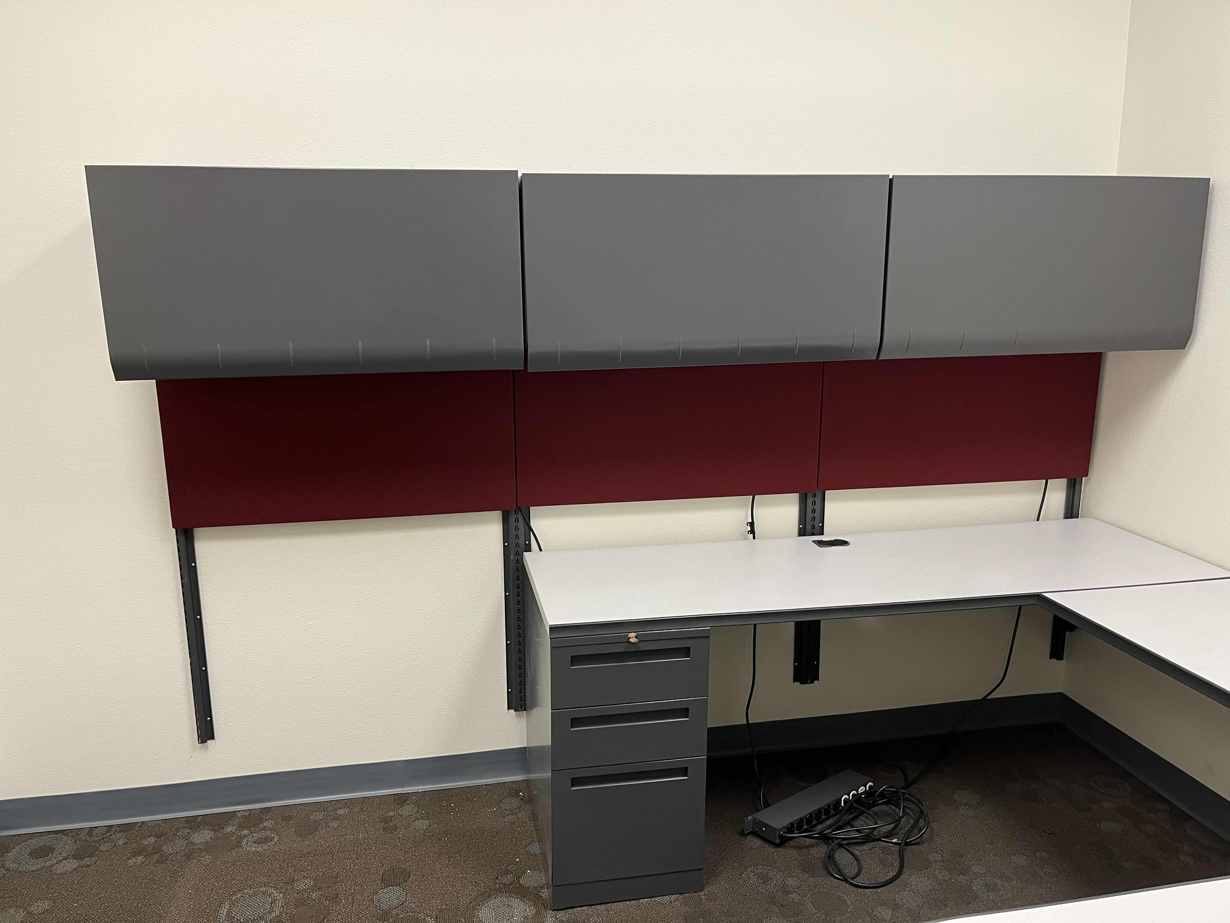 Photo 9 of ALL STEEL U SHAPE WALL MOUNTED OFFICE DESK 95” X 72” H29” & ALL STEEL WALL MOUNTED CABINETS W LIGHTS 108” X 15” H60”