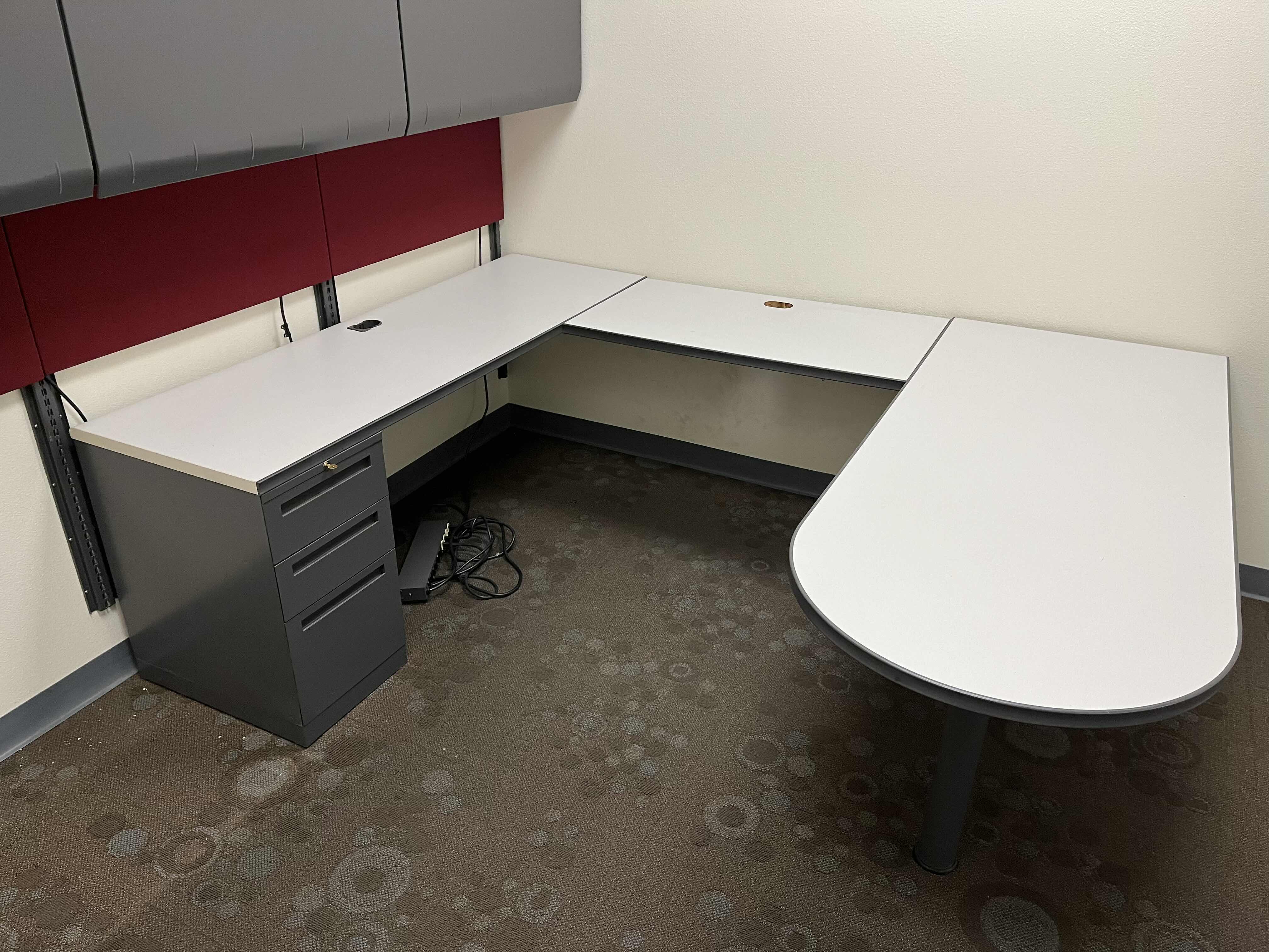 Photo 2 of ALL STEEL U SHAPE WALL MOUNTED OFFICE DESK 95” X 72” H29” & ALL STEEL WALL MOUNTED CABINETS W LIGHTS 108” X 15” H60”