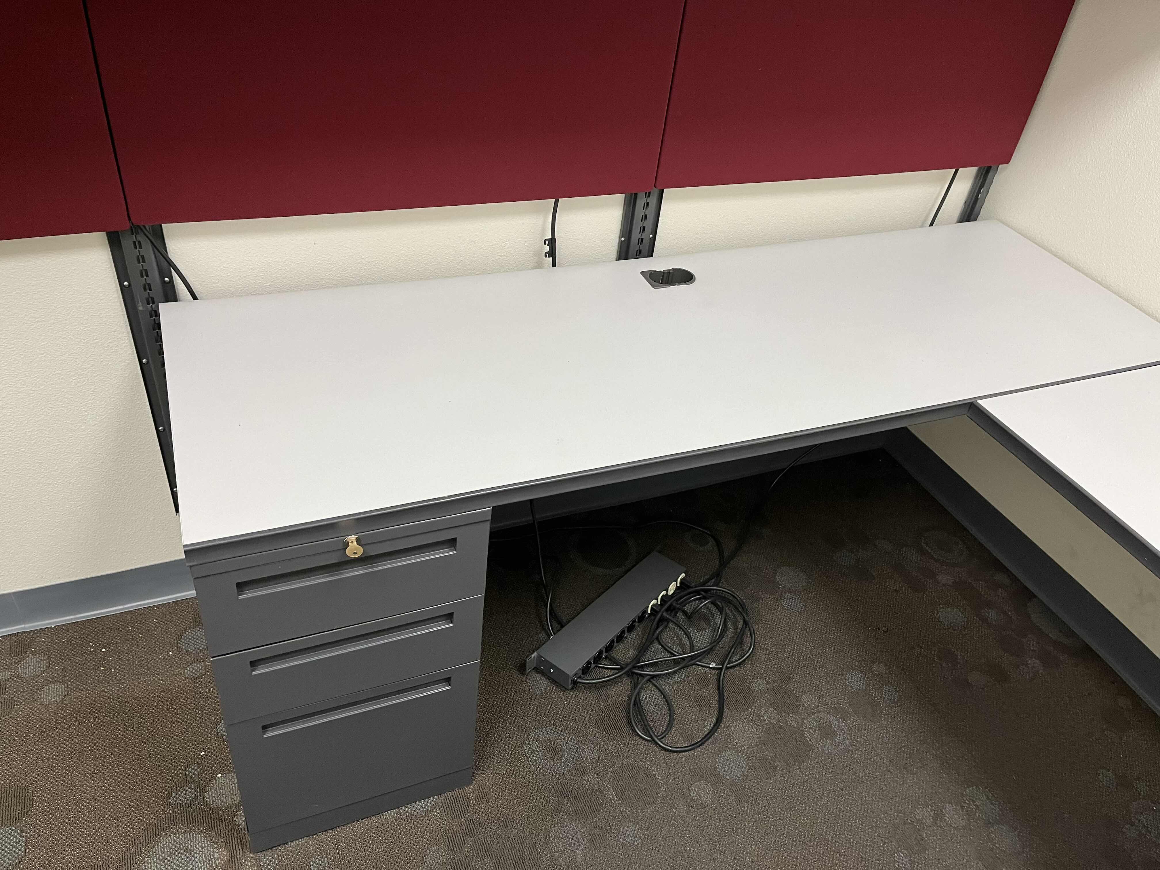 Photo 5 of ALL STEEL U SHAPE WALL MOUNTED OFFICE DESK 95” X 72” H29” & ALL STEEL WALL MOUNTED CABINETS W LIGHTS 108” X 15” H60”