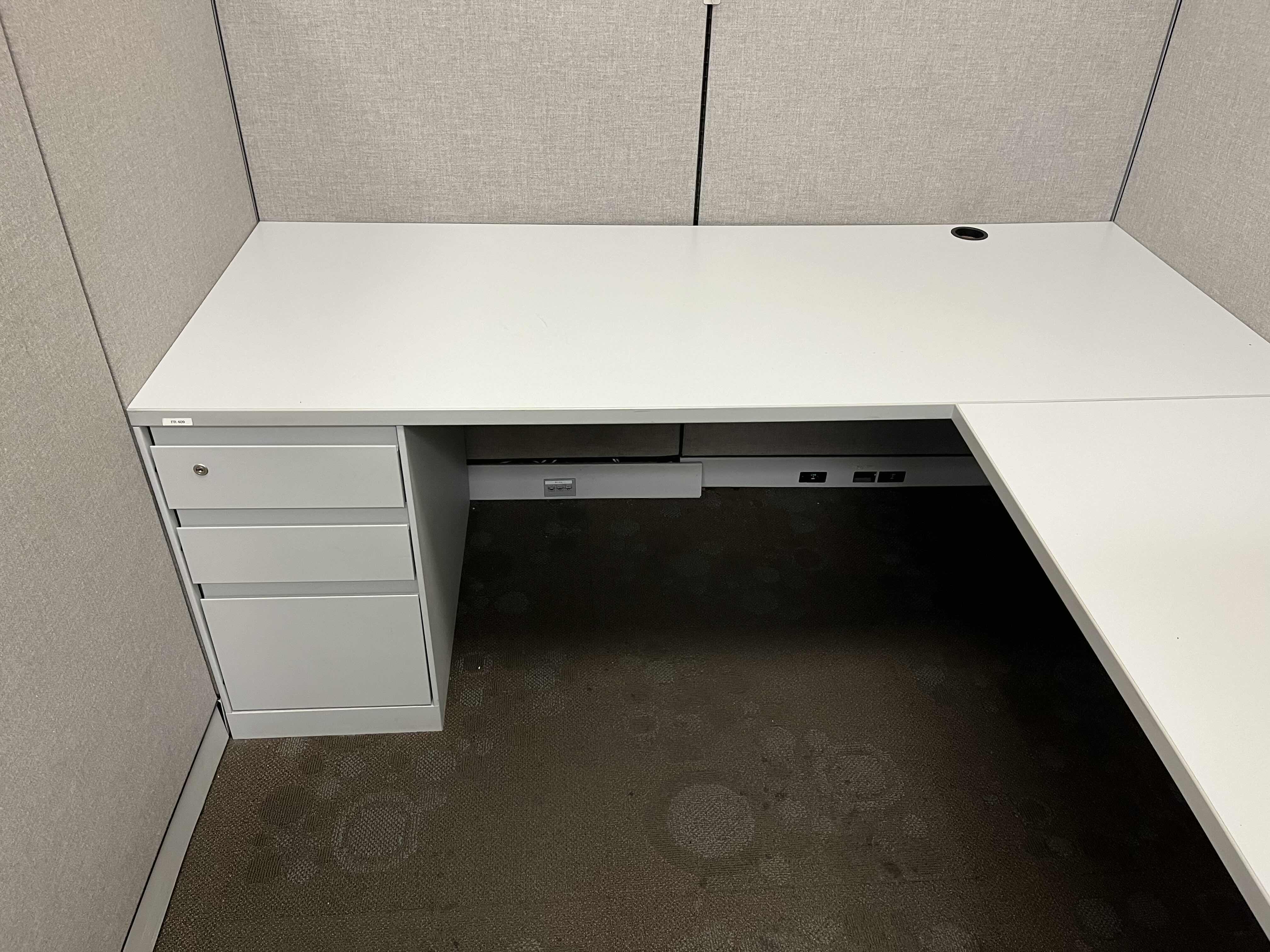 Photo 3 of STEELCASE BUILT IN CUBICLE L SHAPE 3 DRAWER OFFICE DESK 72” X 72” H27.5” W 4 CUBICLE PANELS 30.5”-42” X 54”